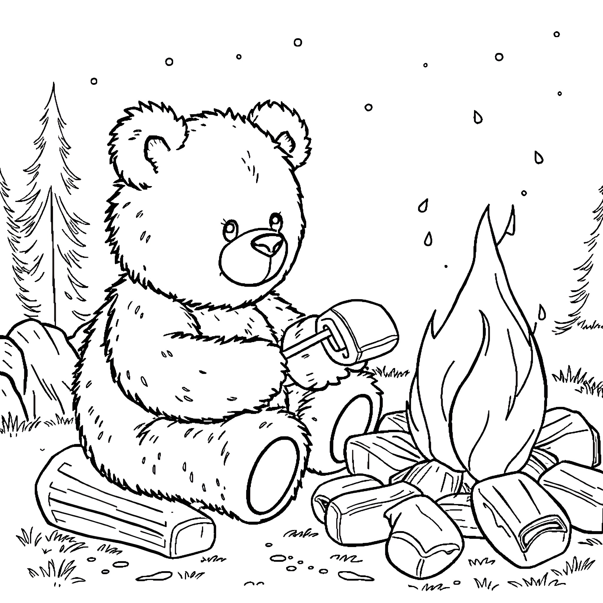 Teddy Bear enjoying a campfire in the forest Coloring Page (free black-and-white line drawing printable PDF for all, from beginners to advanced learners, including children, teens, adults, and seniors)