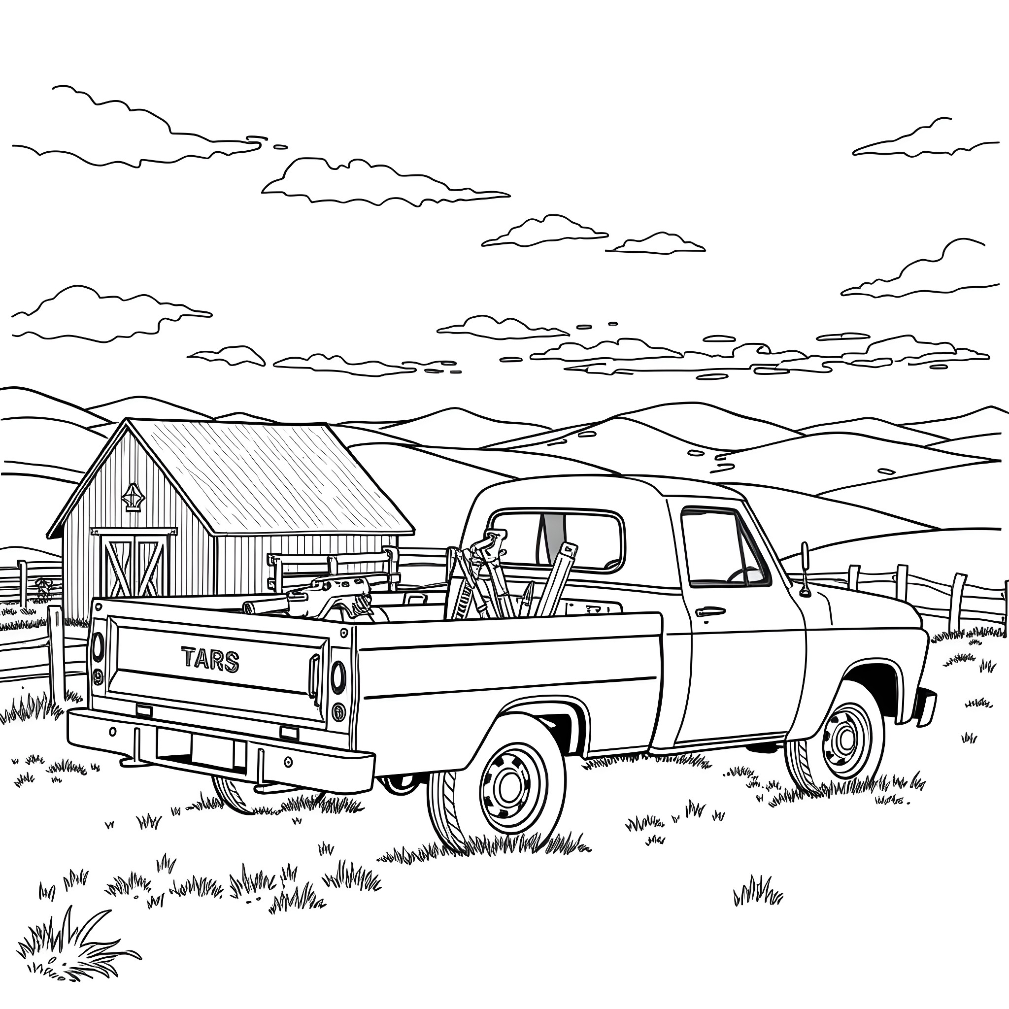 Flatbed Truck Parked by a Rustic Barn in a Rural Landscape Coloring Page (free black-and-white line drawing printable PDF for all, from beginners to advanced learners, including children, teens, adults, and seniors)