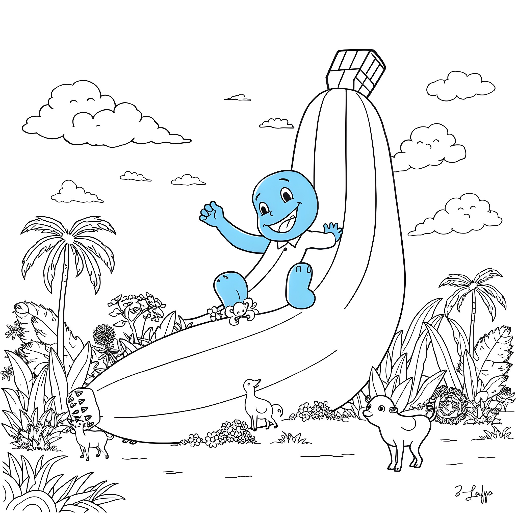 Bluey playing happily on a slide in a tropical paradise Coloring Page (free black-and-white line drawing printable PDF for all, from beginners to advanced learners, including children, teens, adults, and seniors)