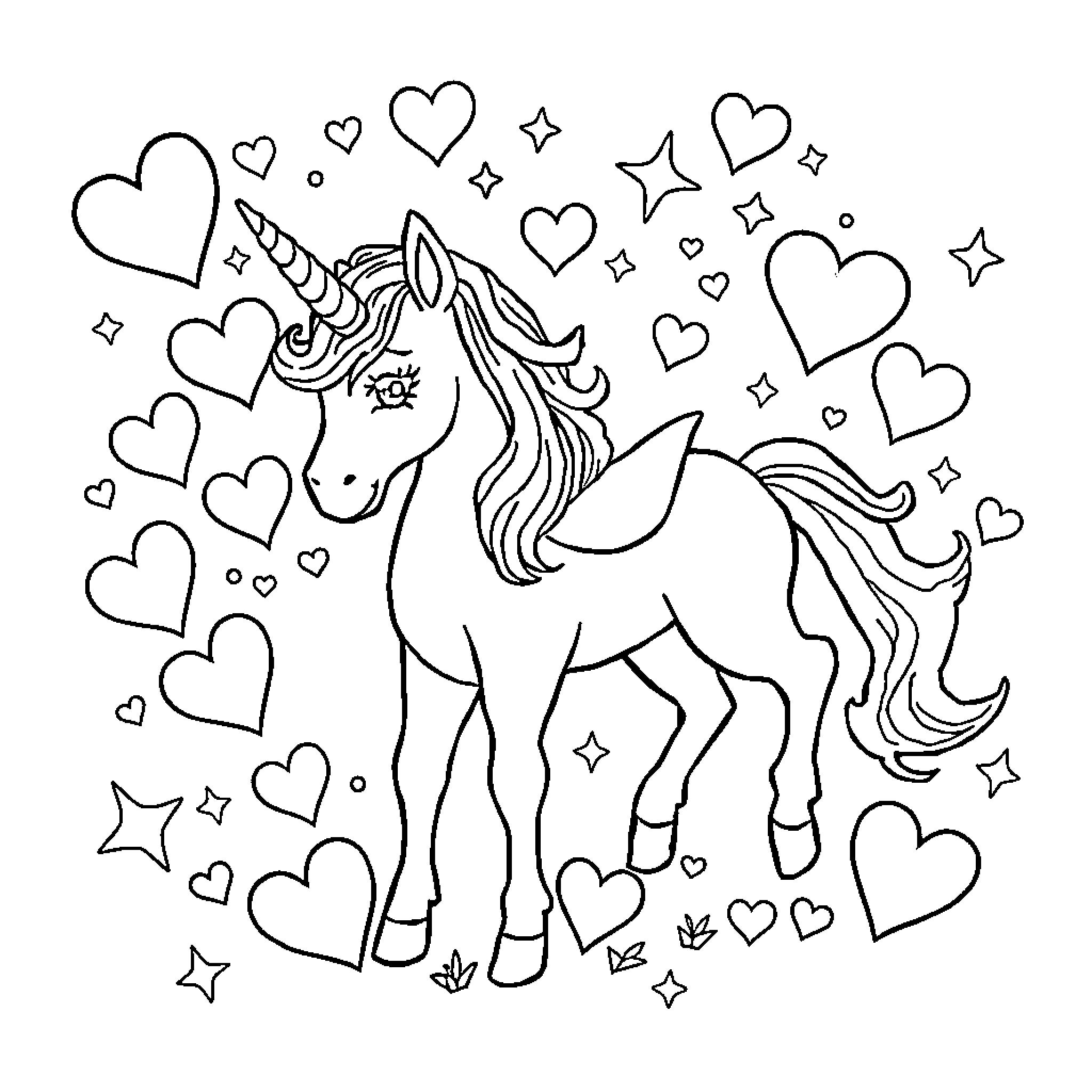 Unicorn surrounded by hearts and stars Coloring Page (free black-and-white line drawing printable PDF for all, from beginners to advanced learners, including children, teens, adults, and seniors)