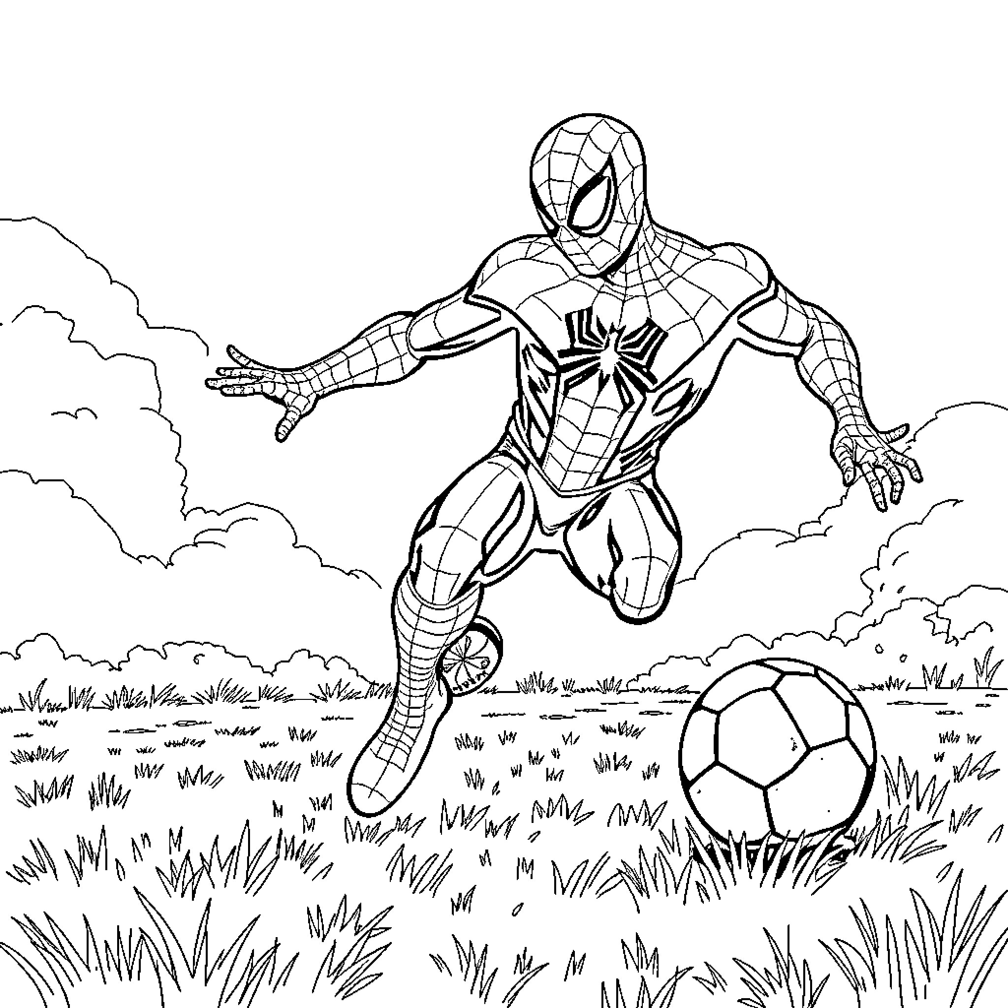 Spiderman playing soccer in a grassy field Coloring Page (free black-and-white line drawing printable PDF for all, from beginners to advanced learners, including children, teens, adults, and seniors)