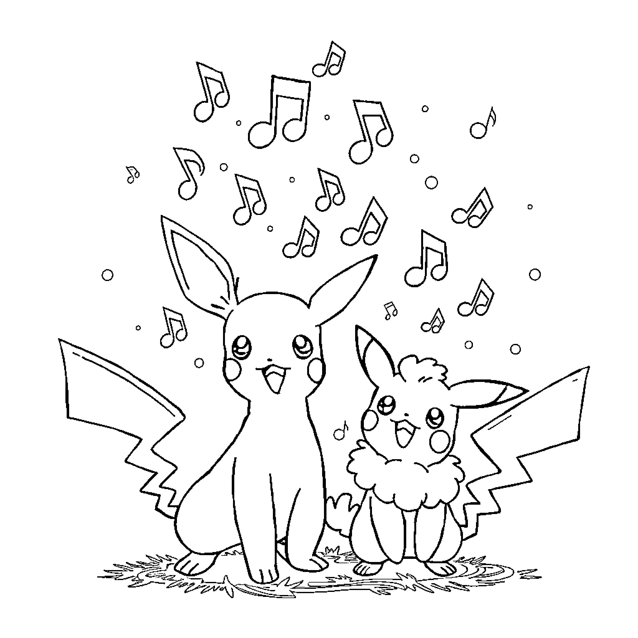 Music Note Pikachu Playing with Fluffy Companion Coloring Page (free black-and-white line drawing printable PDF for all, from beginners to advanced learners, including children, teens, adults, and seniors)