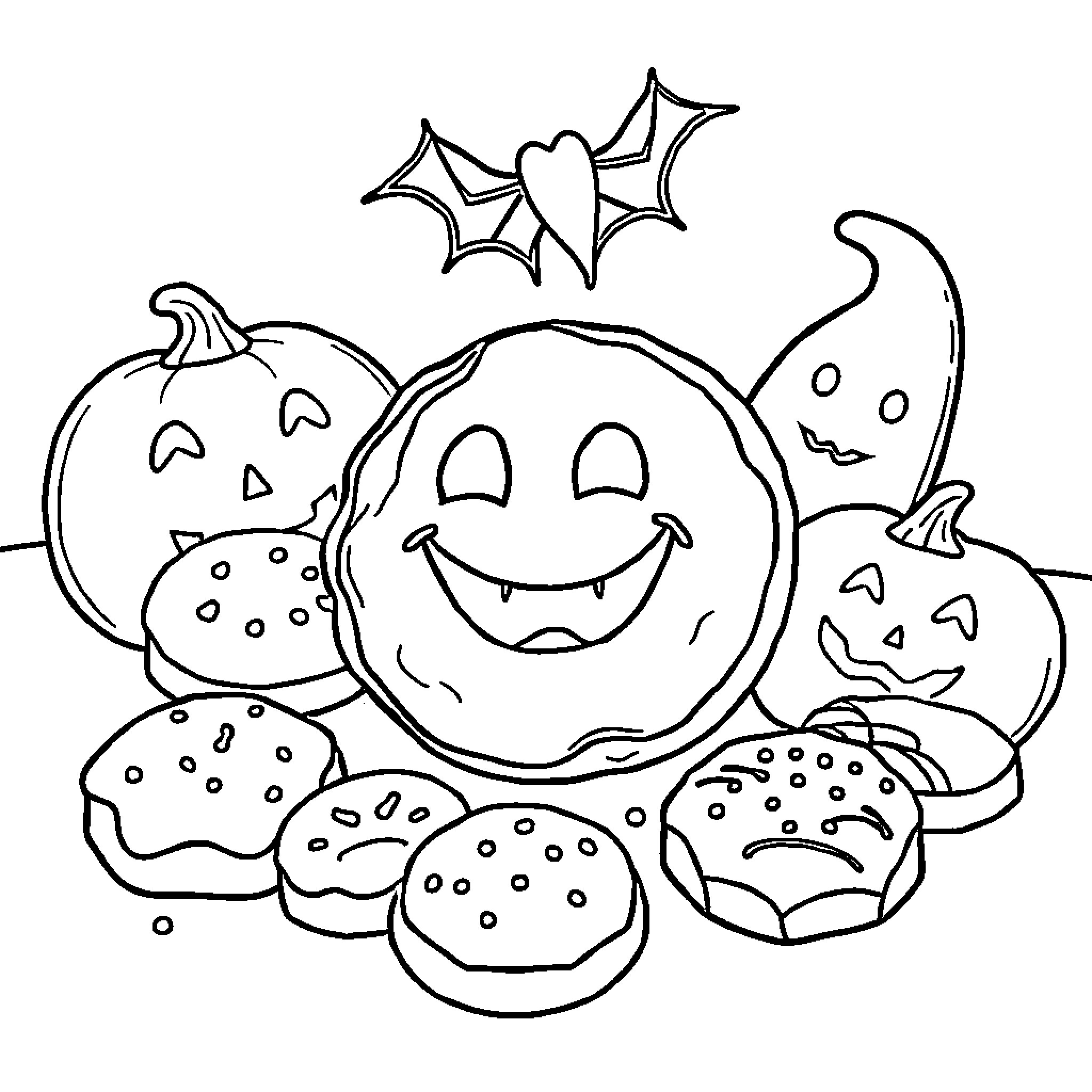 Cookie Spooky Halloween Baking Coloring Page (free black-and-white line drawing printable PDF for all, from beginners to advanced learners, including children, teens, adults, and seniors)