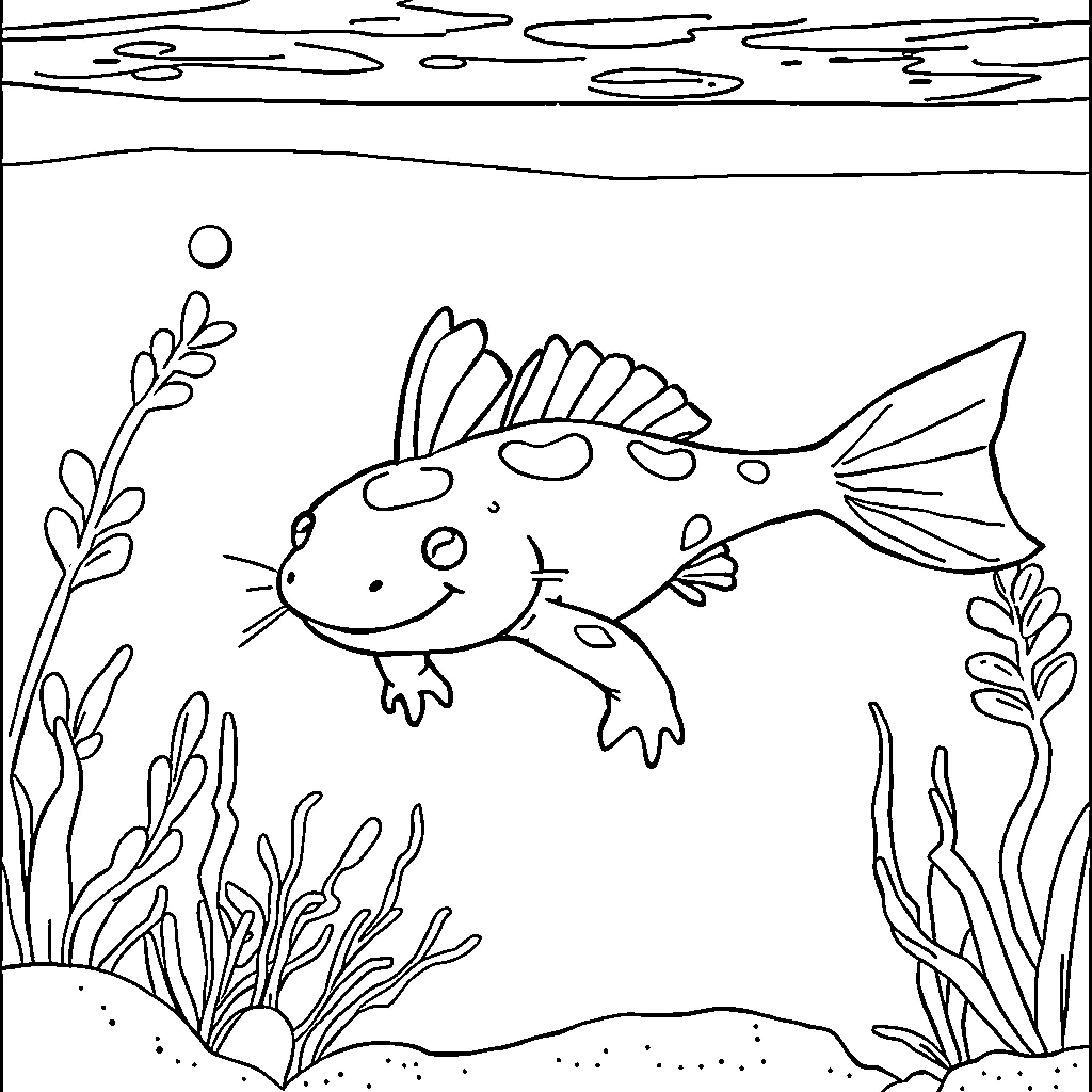 Axolotl swimming through an underwater scene Coloring Page (free black-and-white line drawing printable PDF for all, from beginners to advanced learners, including children, teens, adults, and seniors)