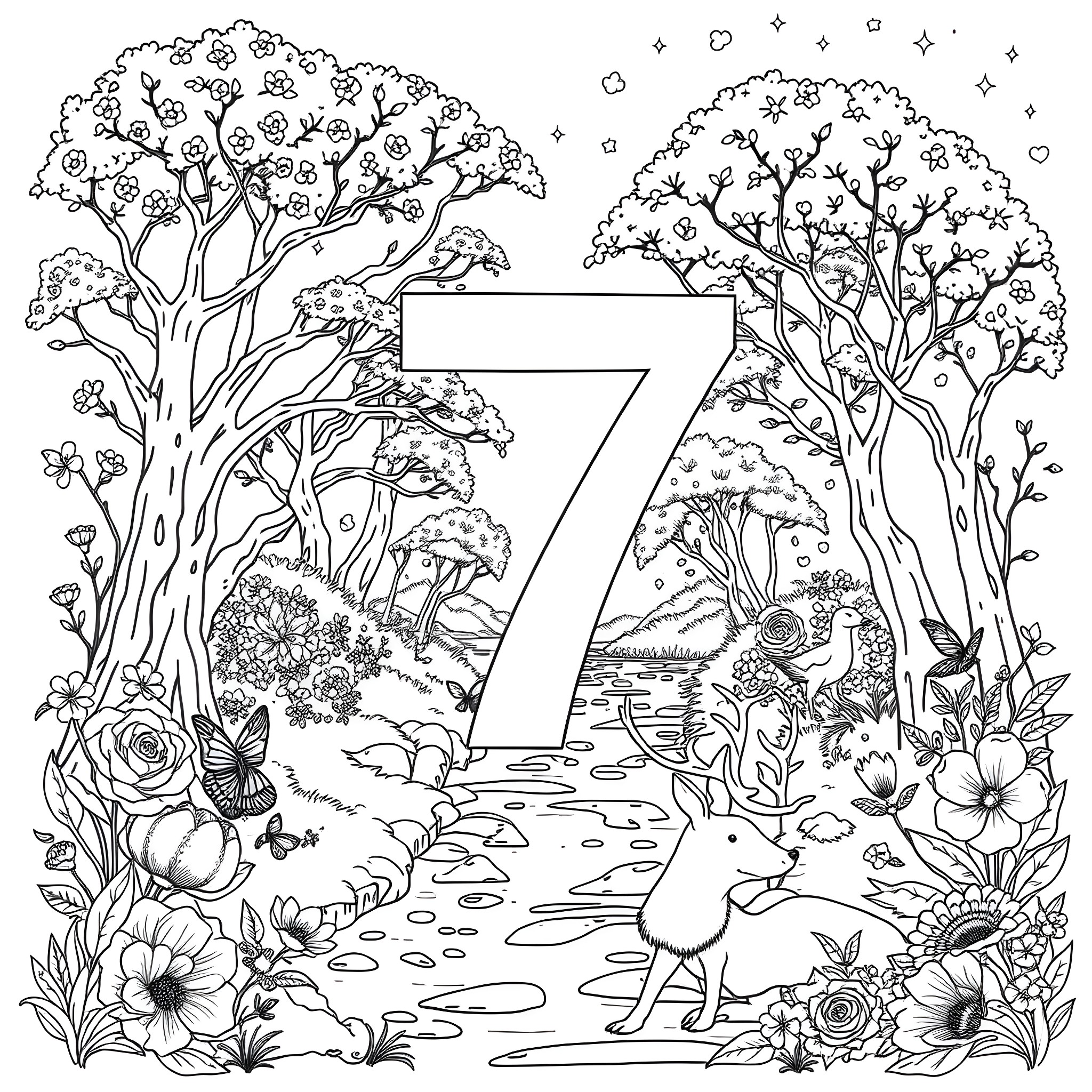 Number 7 - Magical woodland scene with animals and flowers Coloring Page (free black-and-white line drawing printable PDF for all, from beginners to advanced learners, including children, teens, adults, and seniors)