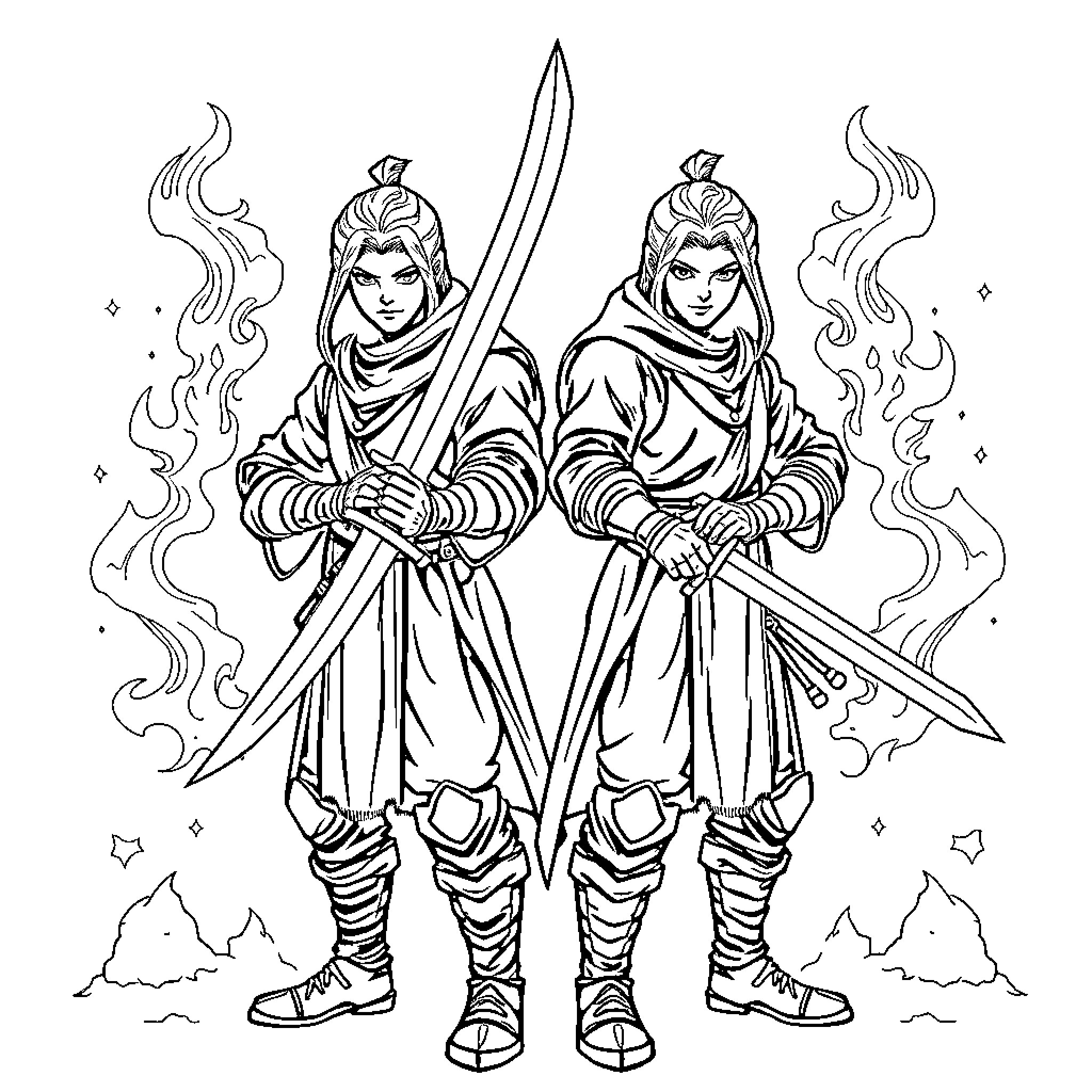 Sword Fighters Battling with Fierce Expressions Coloring Page (free black-and-white line drawing printable PDF for all, from beginners to advanced learners, including children, teens, adults, and seniors)