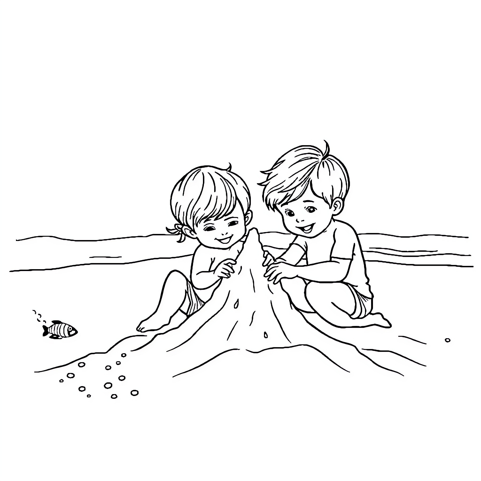 Kids playing happily in the sand by the sea Coloring Page (free black-and-white line drawing printable PDF for all, from beginners to advanced learners, including children, teens, adults, and seniors)