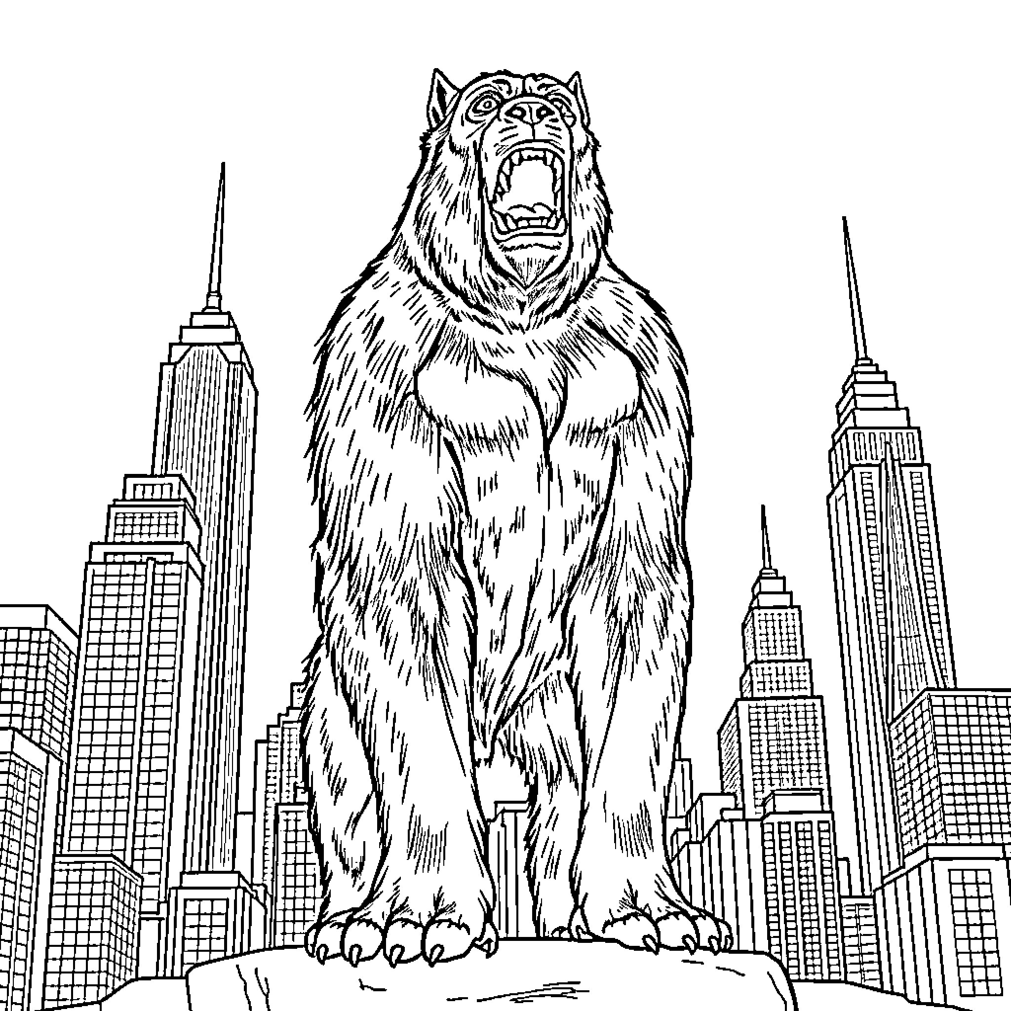 Hound Dog Roaring Atop Skyscrapers Coloring Page (free black-and-white line drawing printable PDF for all, from beginners to advanced learners, including children, teens, adults, and seniors)