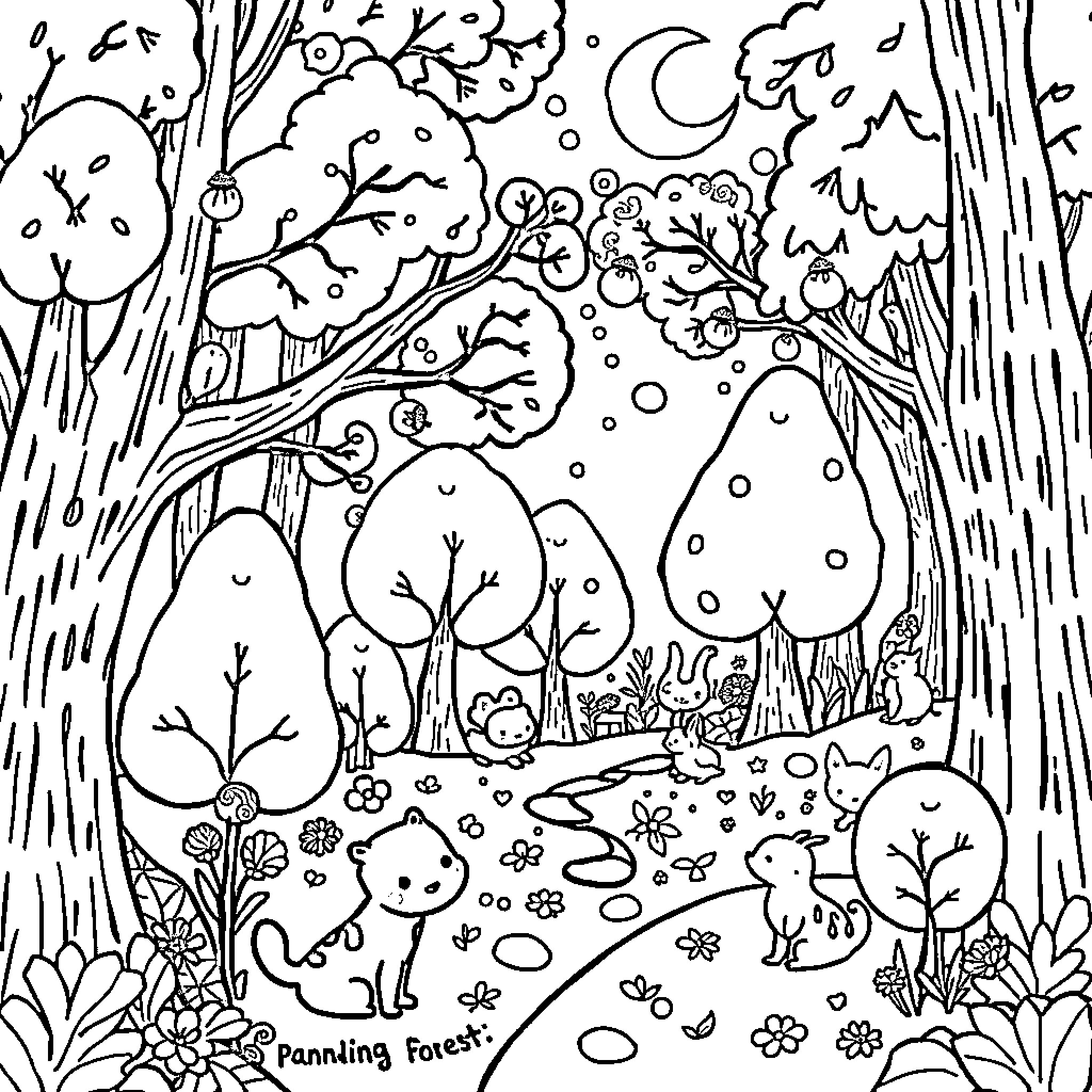 Wood Forest Creatures in Whimsical Scene Coloring Page (free black-and-white line drawing printable PDF for all, from beginners to advanced learners, including children, teens, adults, and seniors)