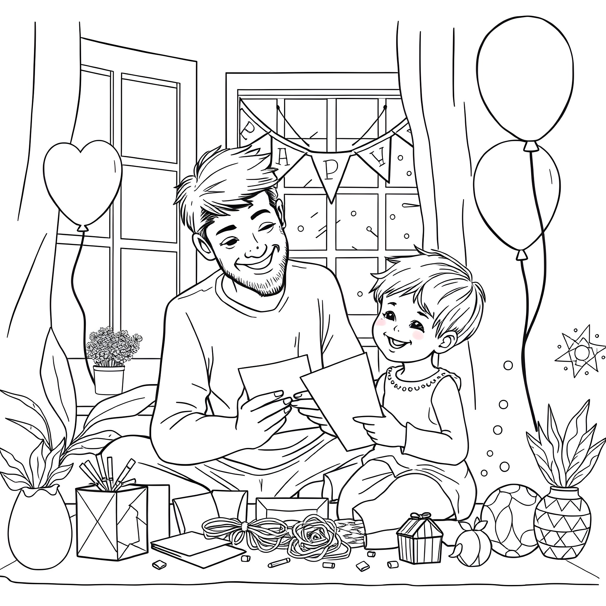 Father and Son Celebrating Birthday Together Coloring Page (free black-and-white line drawing printable PDF for all, from beginners to advanced learners, including children, teens, adults, and seniors)