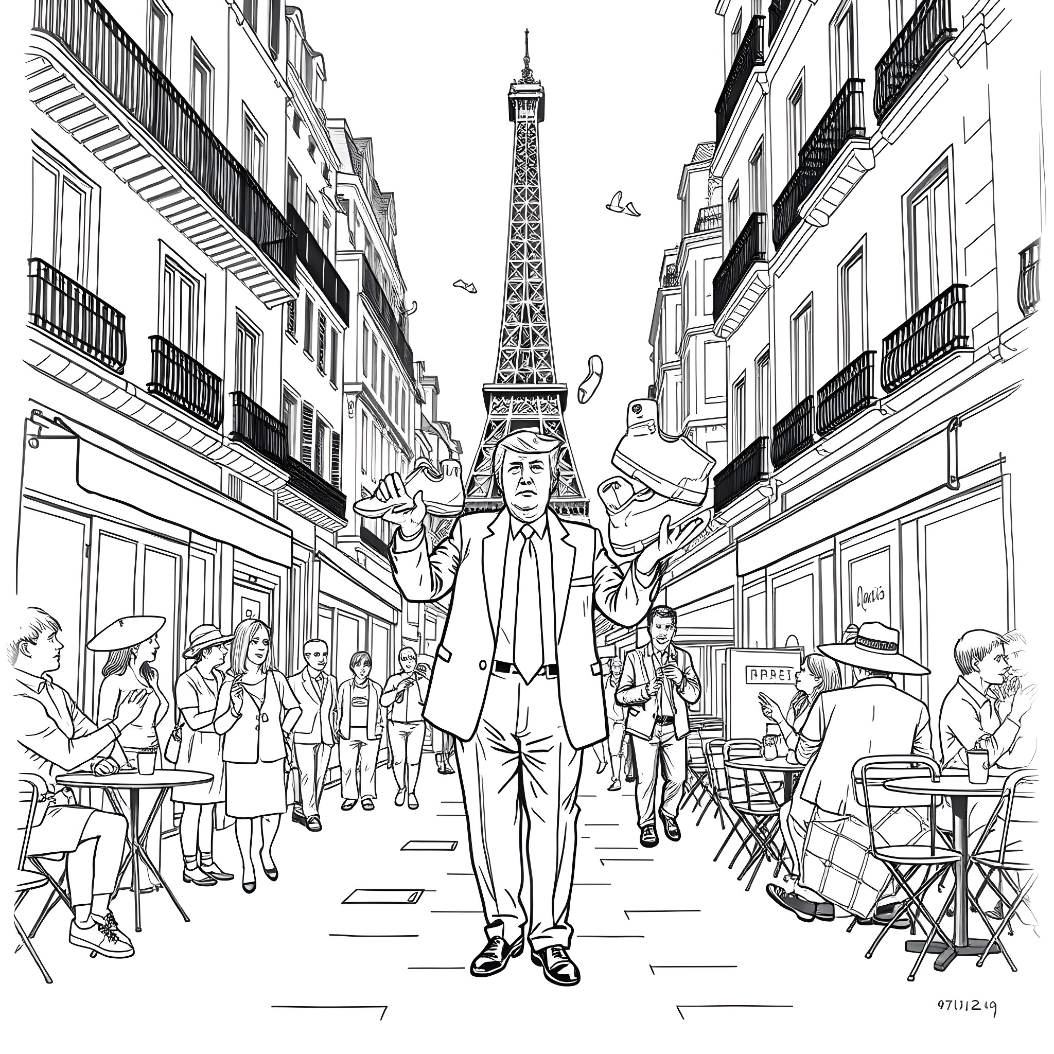 Trump Strutting Through a Lively Parisian Street Scene Coloring Page (free black-and-white line drawing printable PDF for all, from beginners to advanced learners, including children, teens, adults, and seniors)