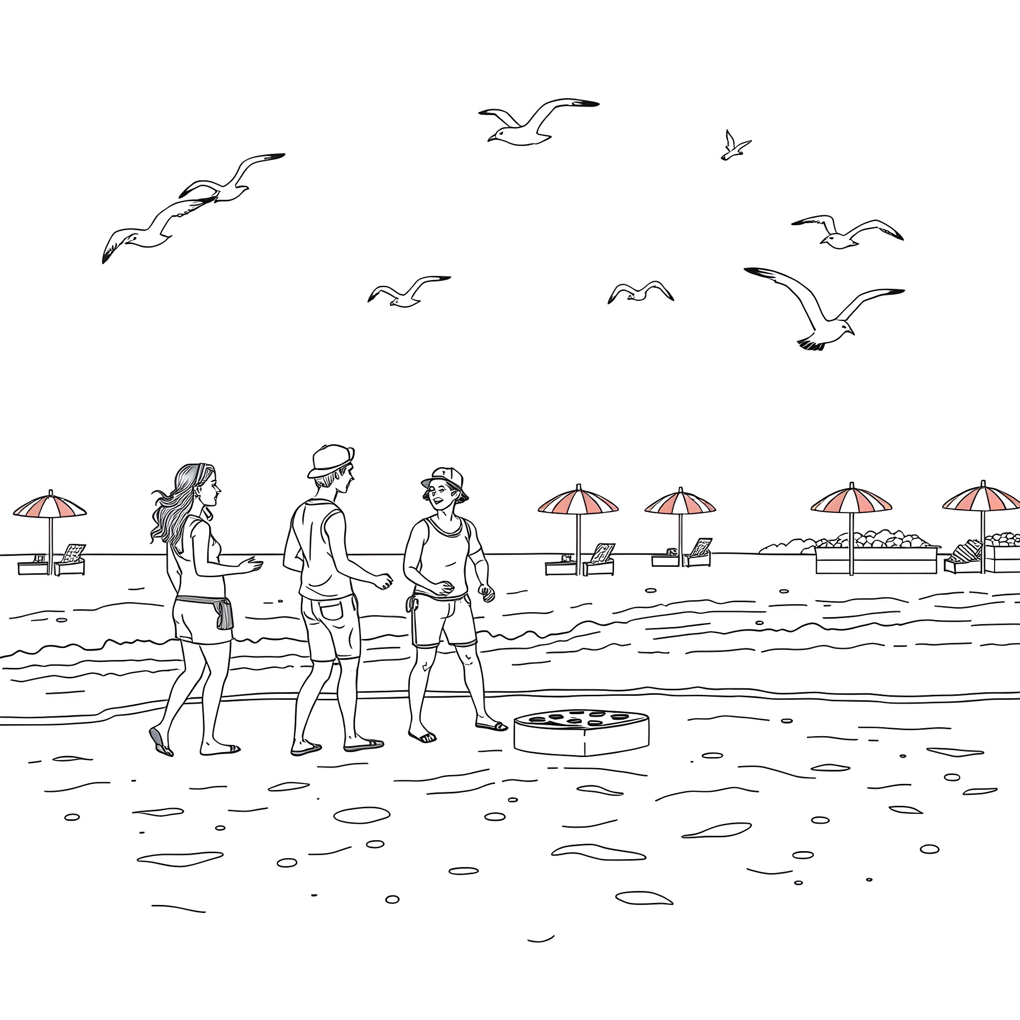 Guy relaxing on the beach with friends under umbrellas Coloring Page (free black-and-white line drawing printable PDF for all, from beginners to advanced learners, including children, teens, adults, and seniors)