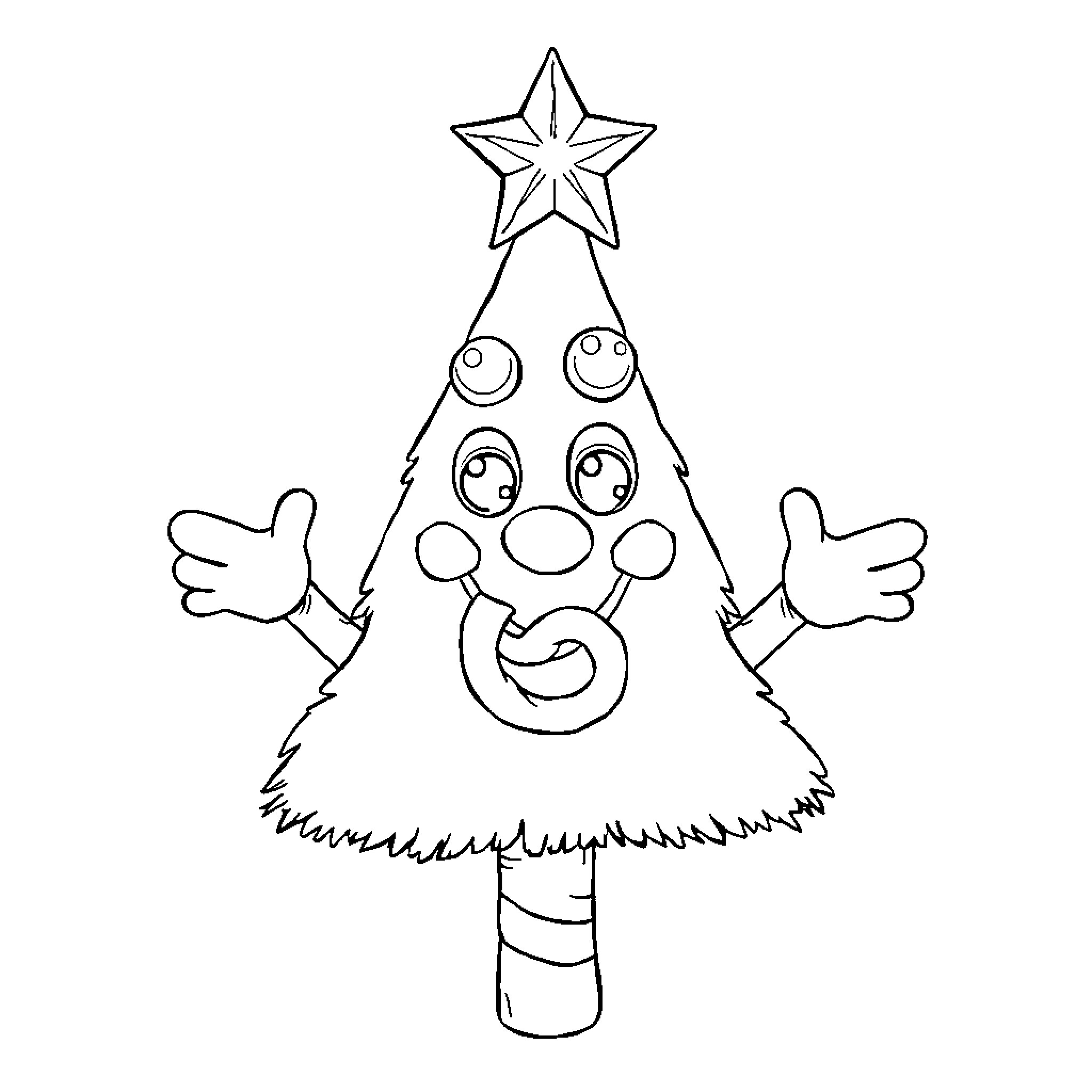 Christmas Tree Character with Expressive Facial Features Coloring Page (free black-and-white line drawing printable PDF for all, from beginners to advanced learners, including children, teens, adults, and seniors)