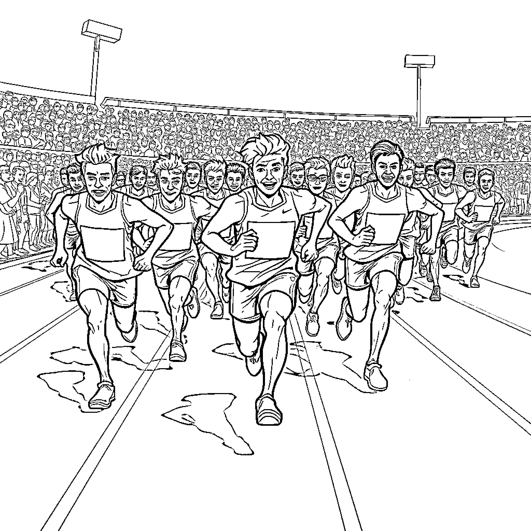 Runner racing with crowd on track Coloring Page (free black-and-white line drawing printable PDF for all, from beginners to advanced learners, including children, teens, adults, and seniors)