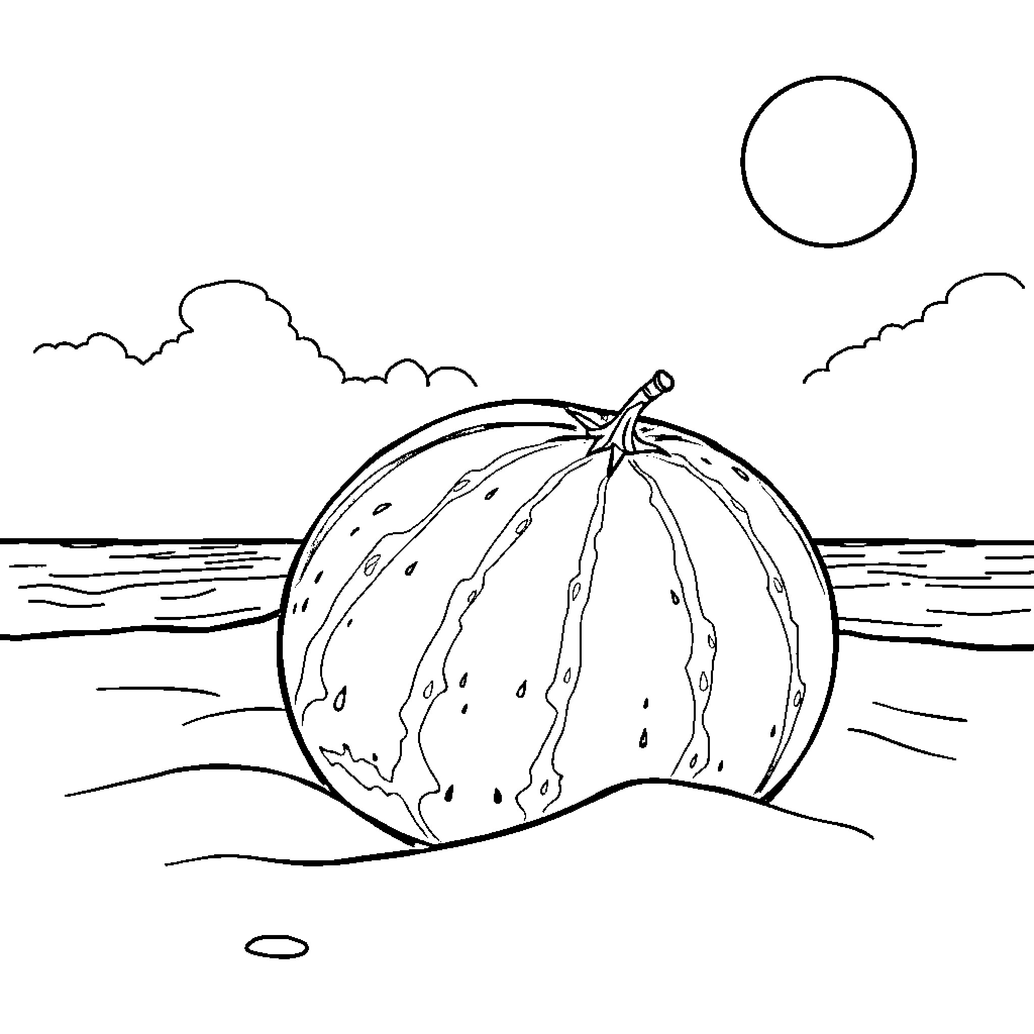 Melon floating peacefully on the ocean Coloring Page (free black-and-white line drawing printable PDF for all, from beginners to advanced learners, including children, teens, adults, and seniors)