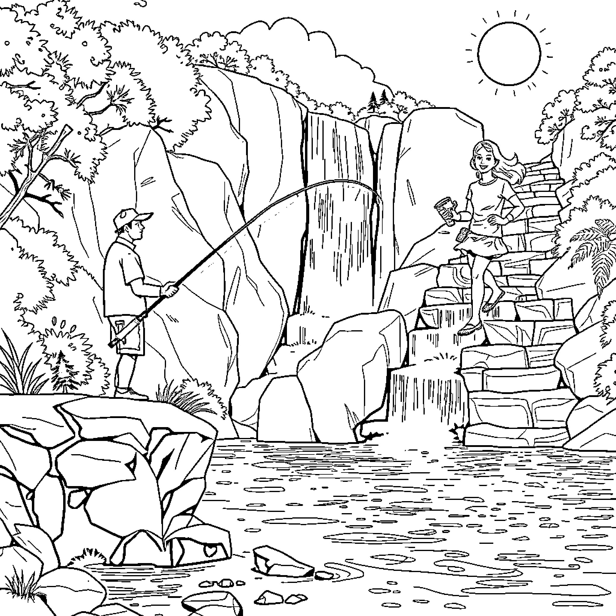 Dad and child explore scenic waterfall landscape Coloring Page (free black-and-white line drawing printable PDF for all, from beginners to advanced learners, including children, teens, adults, and seniors)