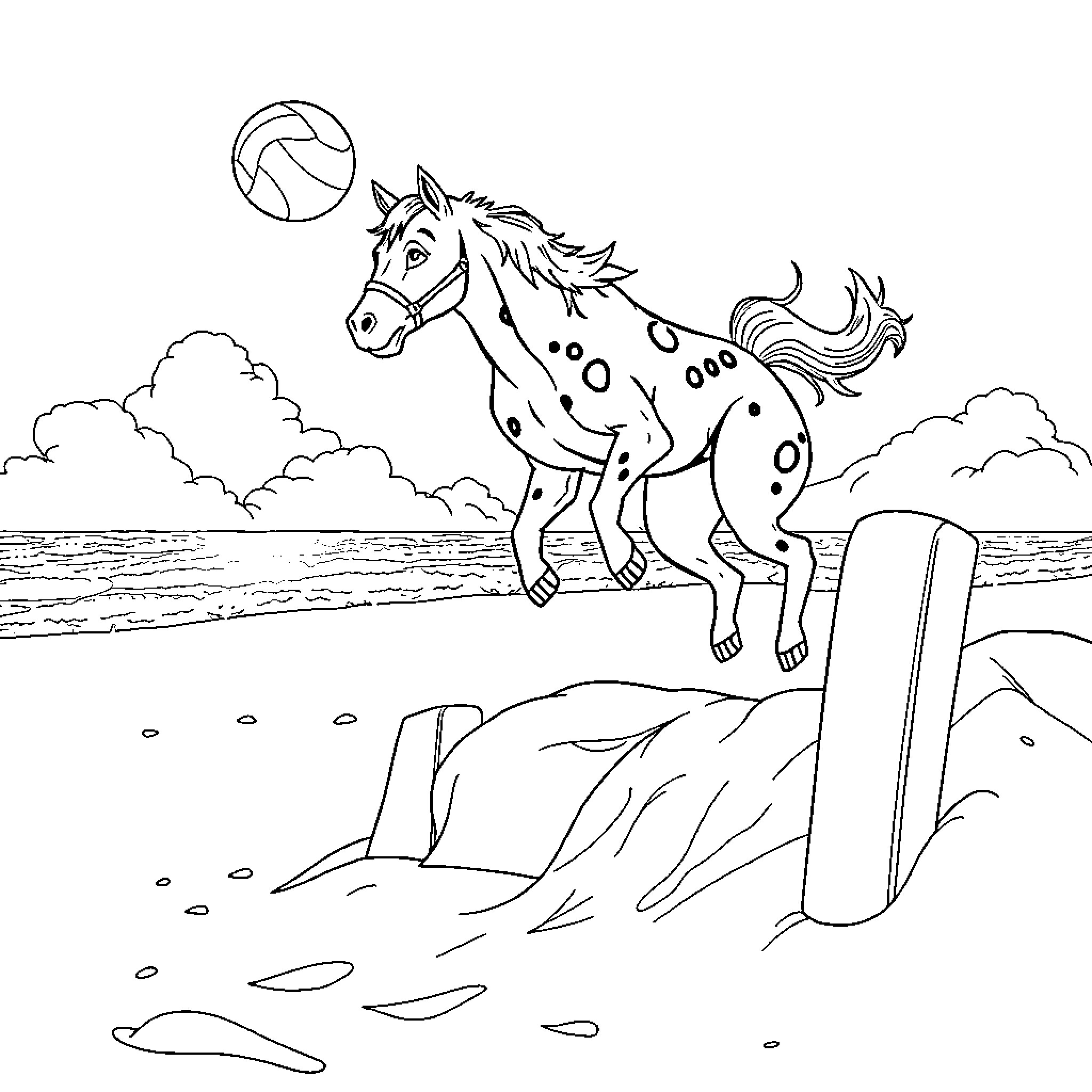 HUNTR/X Horse playing with ball on cliff Coloring Page (free black-and-white line drawing printable PDF for all, from beginners to advanced learners, including children, teens, adults, and seniors)