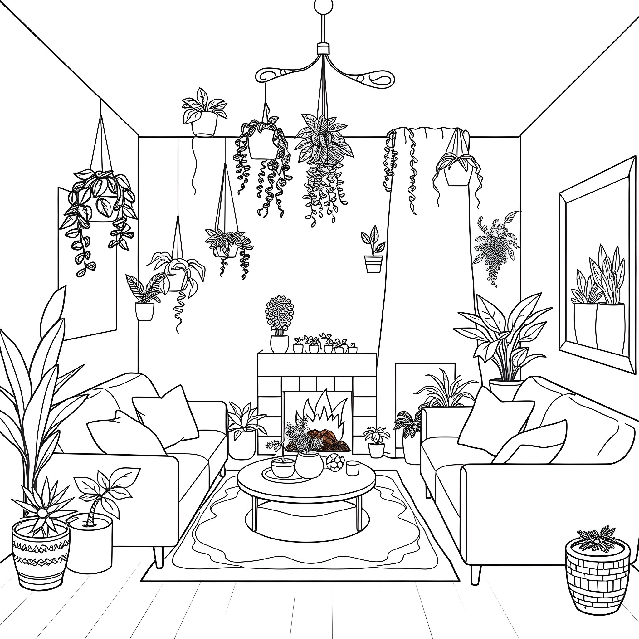 Living Room Filled with Lush Indoor Plants Coloring Page (free black-and-white line drawing printable PDF for all, from beginners to advanced learners, including children, teens, adults, and seniors)