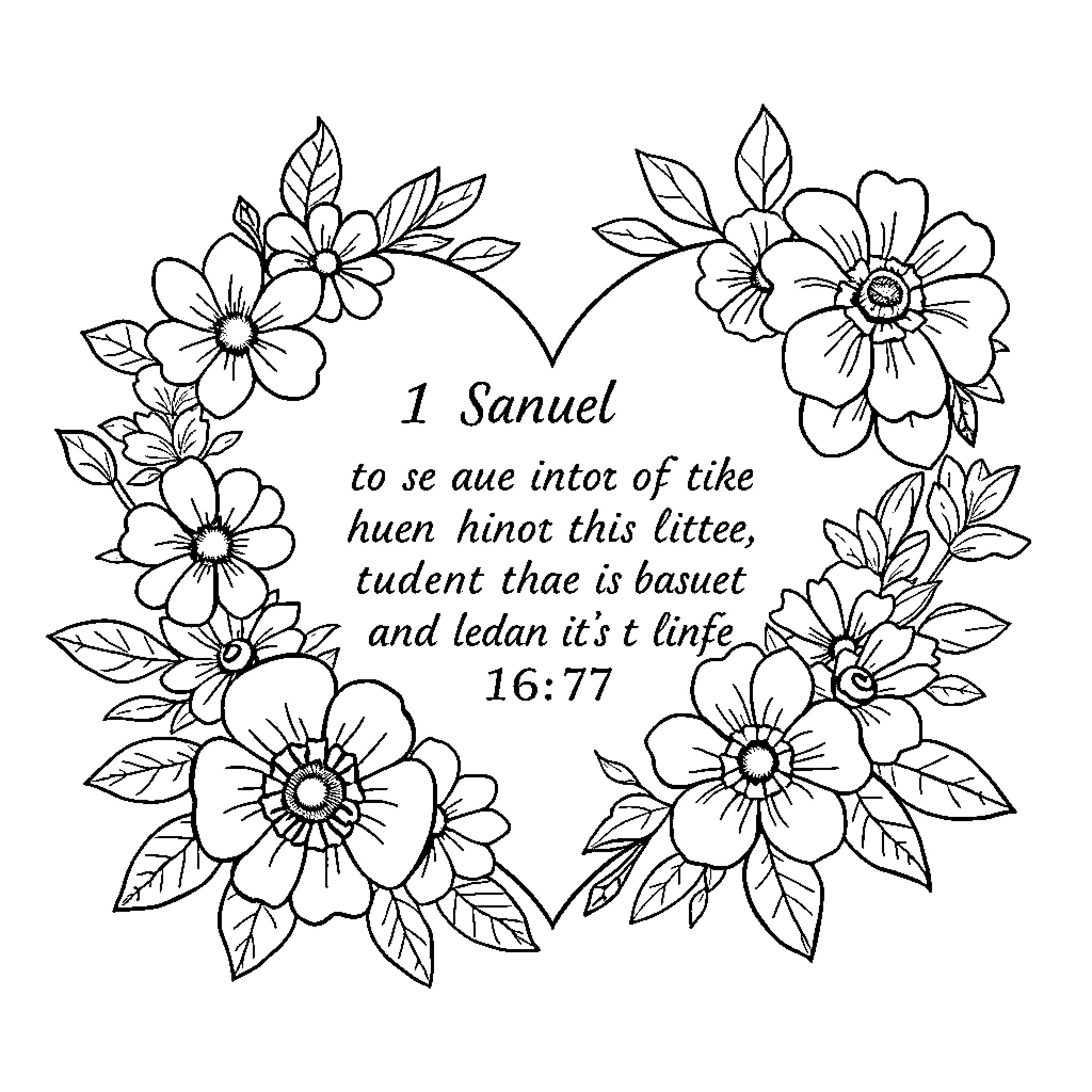 Bible Verse with Floral Wreath Design Coloring Page (free black-and-white line drawing printable PDF for all, from beginners to advanced learners, including children, teens, adults, and seniors)