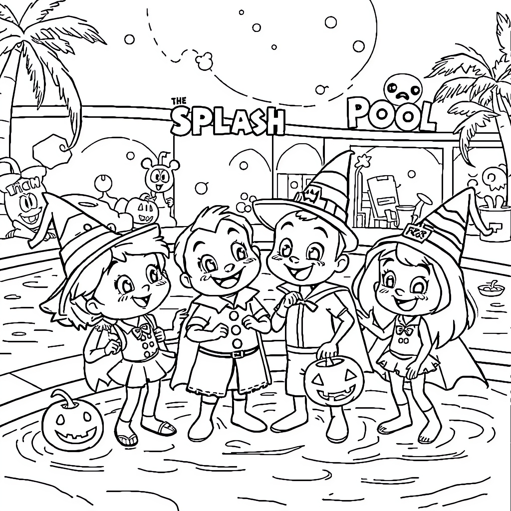 Bluey and friends enjoy a splash pool party Coloring Page (free black-and-white line drawing printable PDF for all, from beginners to advanced learners, including children, teens, adults, and seniors)