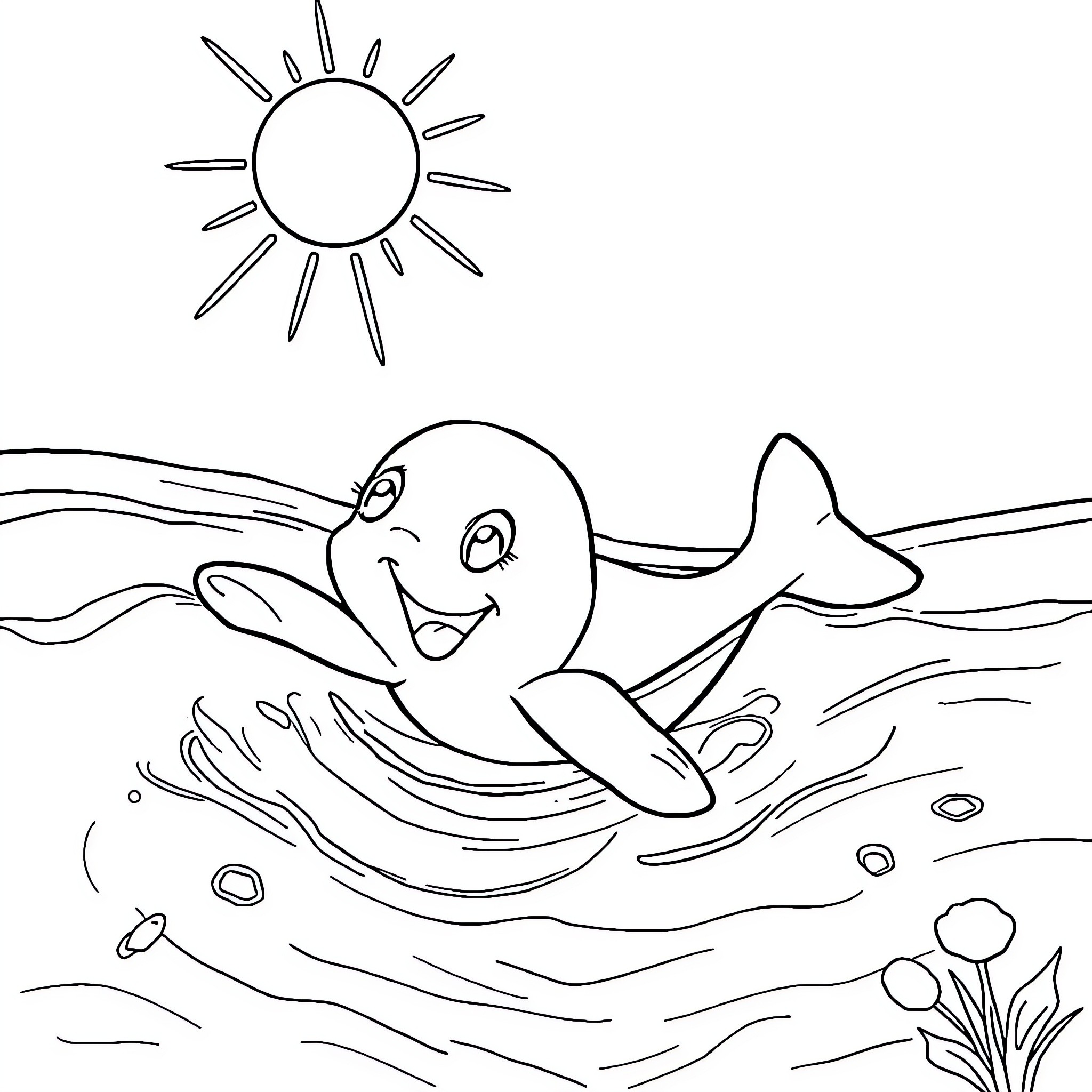 Bluey swimming happily in the sea Coloring Page (free black-and-white line drawing printable PDF for all, from beginners to advanced learners, including children, teens, adults, and seniors)
