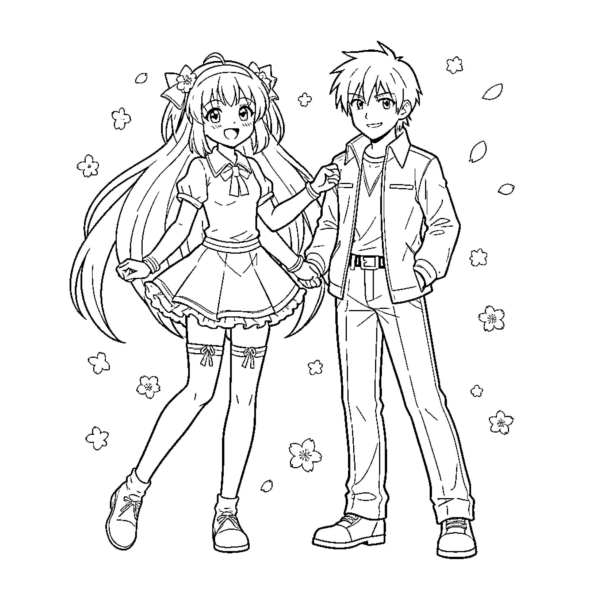 Sakura school students walking together and smiling Coloring Page (free black-and-white line drawing printable PDF for all, from beginners to advanced learners, including children, teens, adults, and seniors)