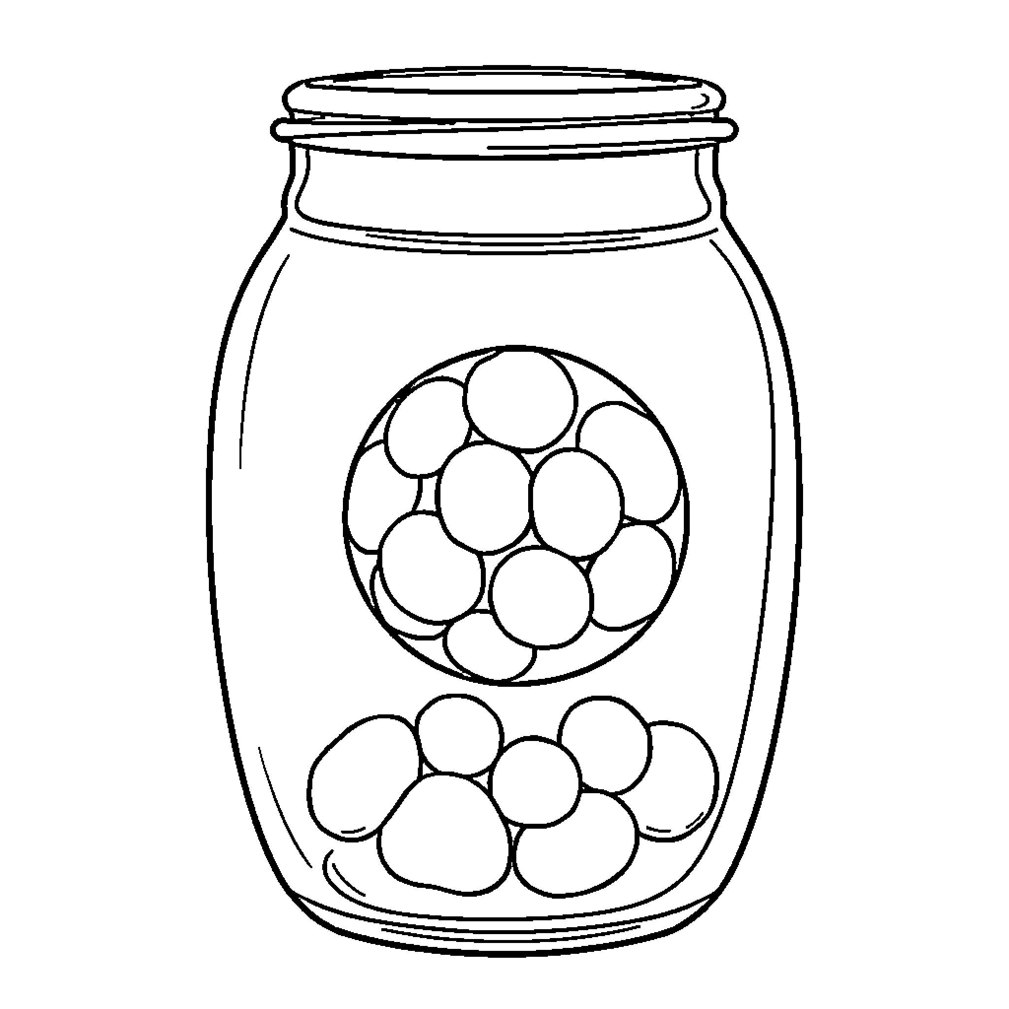 Gumball Marbles in a Glass Jar Coloring Page (free black-and-white line drawing printable PDF for all, from beginners to advanced learners, including children, teens, adults, and seniors)