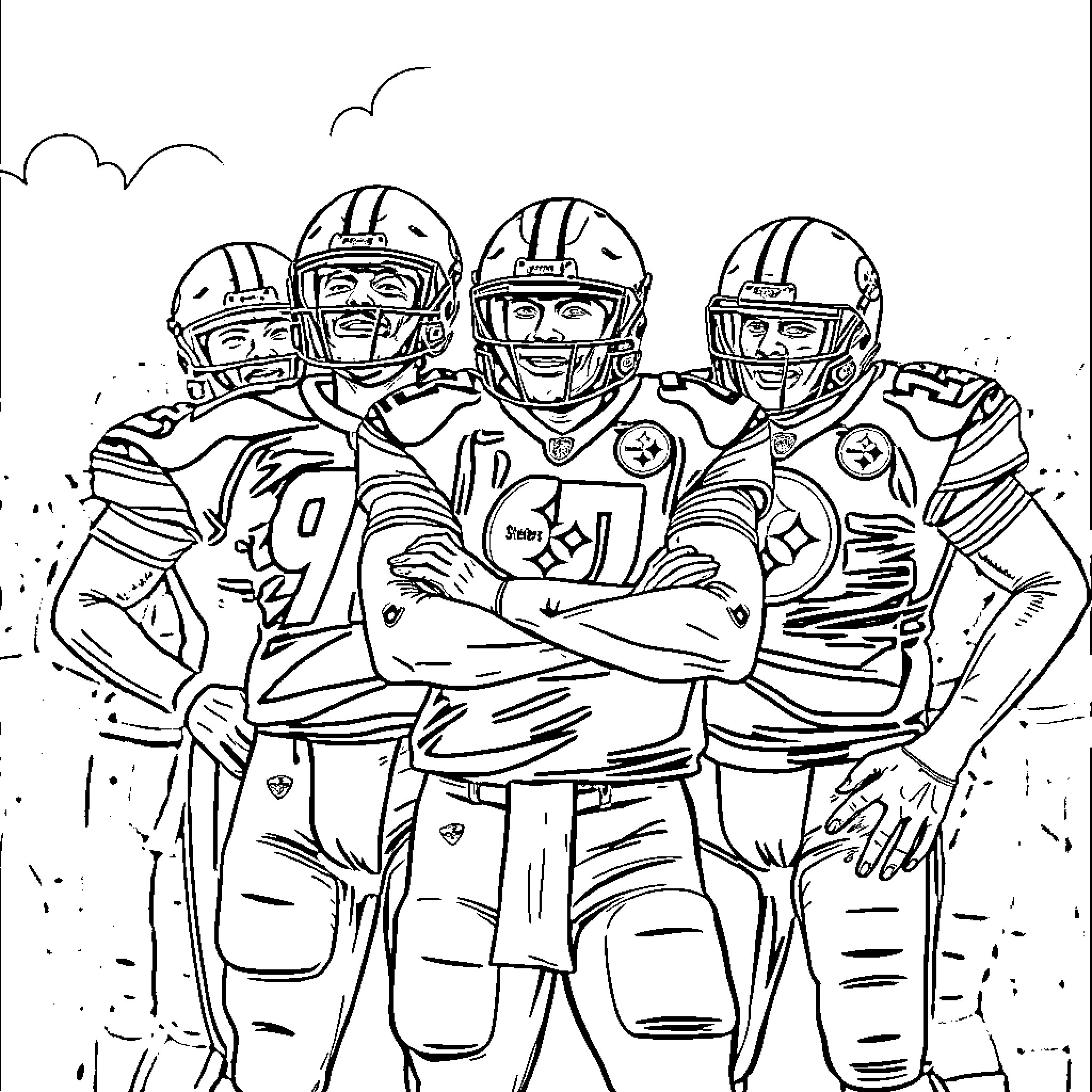 Pittsburgh Steelers football players in action poses Coloring Page (free black-and-white line drawing printable PDF for all, from beginners to advanced learners, including children, teens, adults, and seniors)