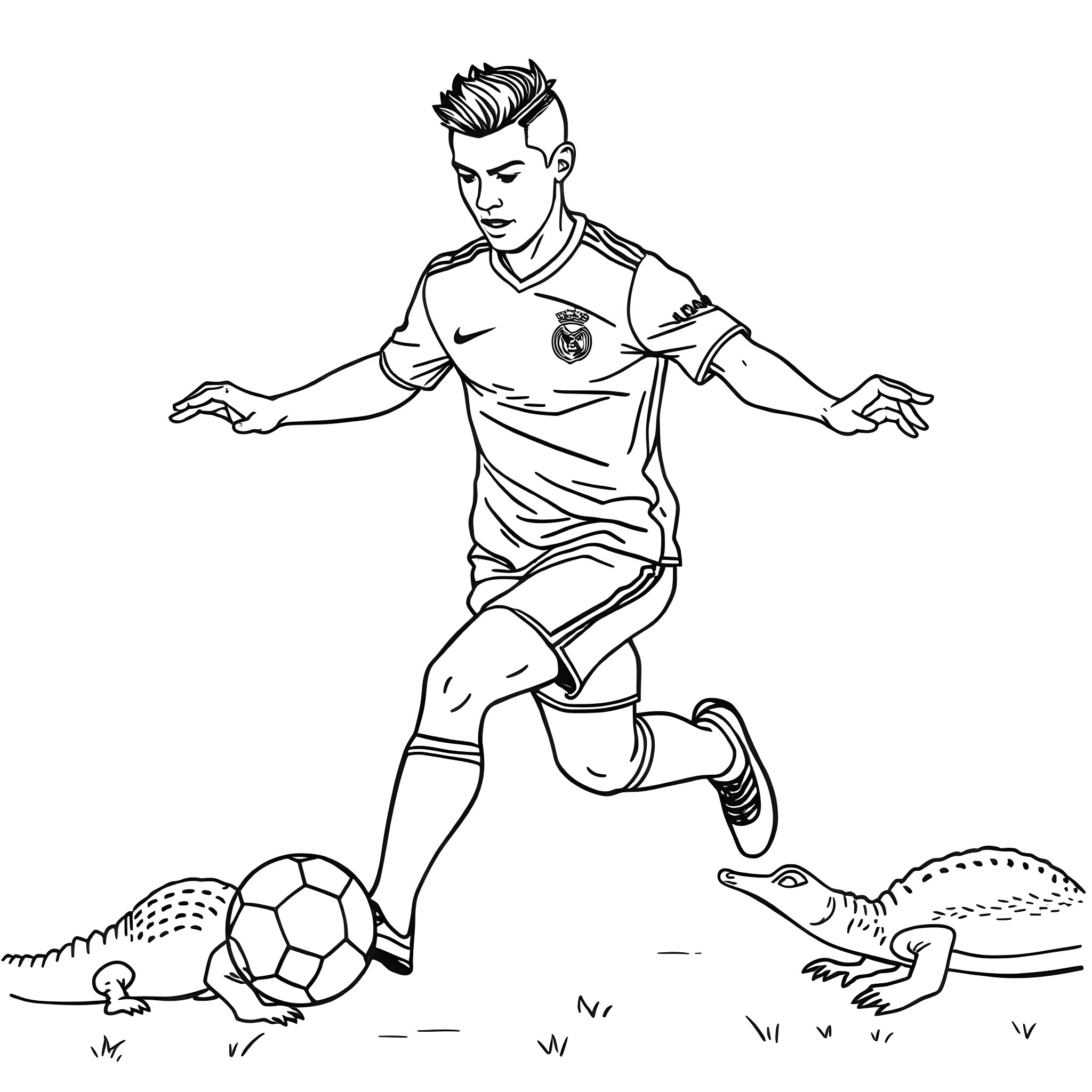 Cristiano Ronaldo playing football on the field Coloring Page (free black-and-white line drawing printable PDF for all, from beginners to advanced learners, including children, teens, adults, and seniors)