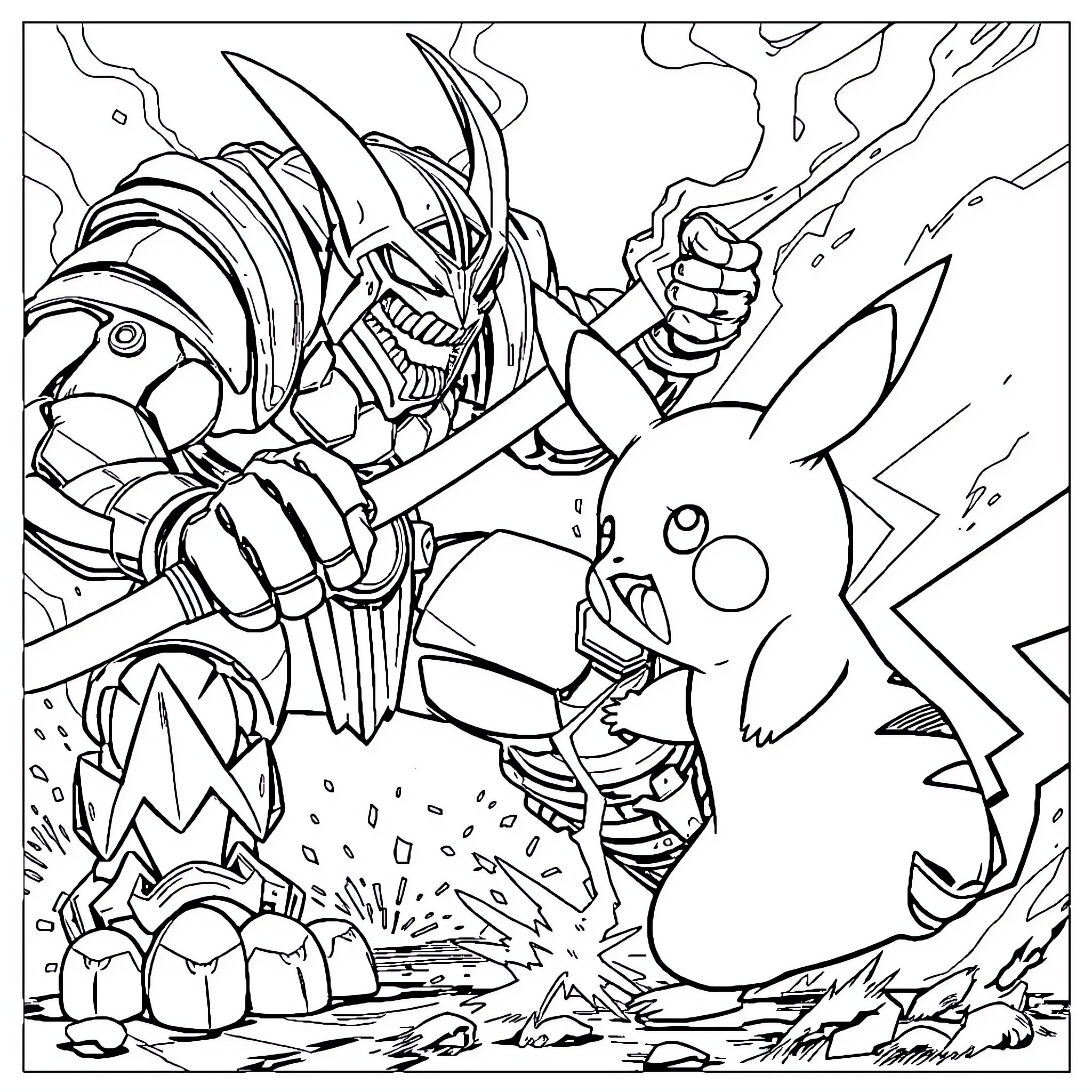 Doomslayer's epic clash with the mighty Pikachu Coloring Page (free black-and-white line drawing printable PDF for all, from beginners to advanced learners, including children, teens, adults, and seniors)