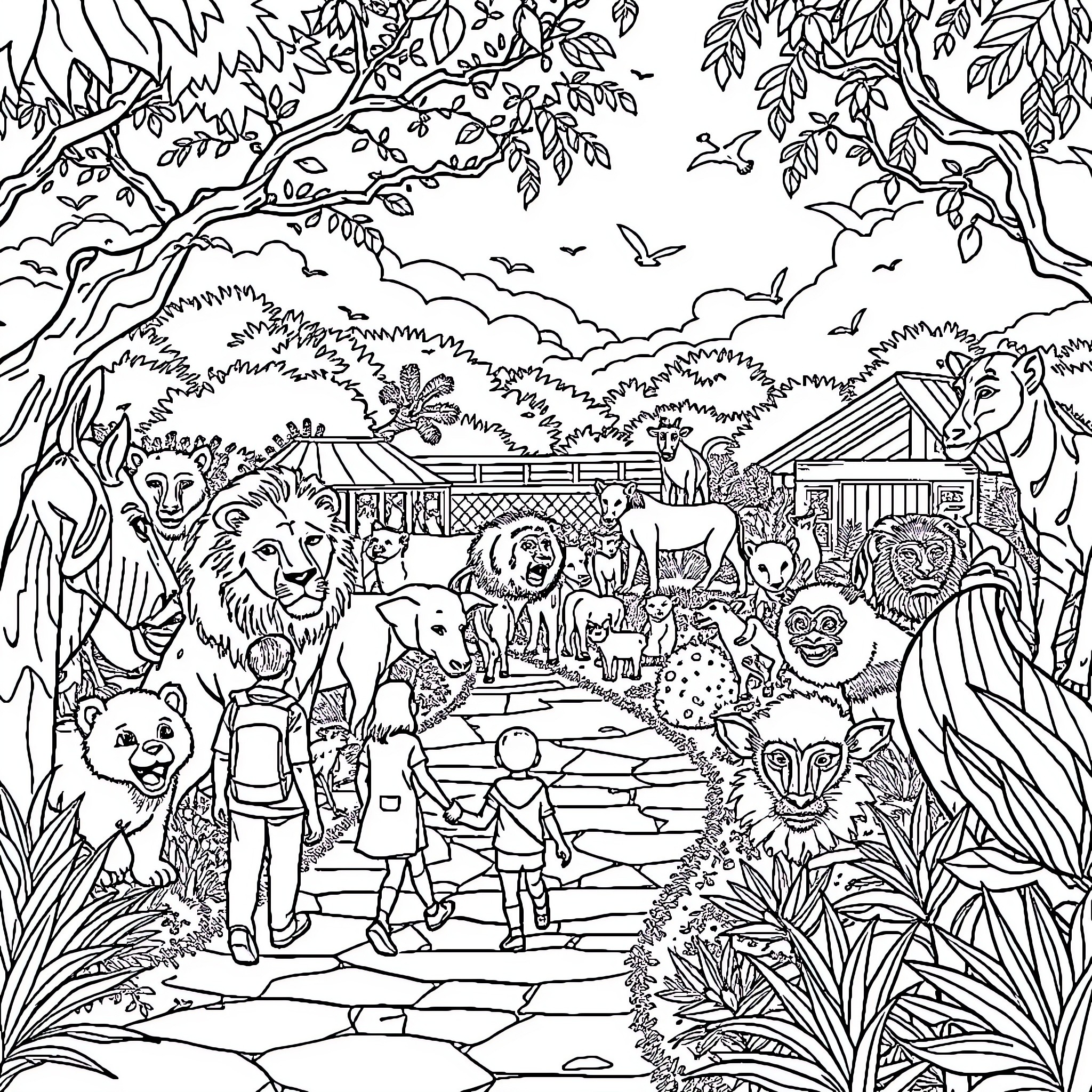 Zoo Filled with Diverse Wildlife and Visitors Coloring Page (free black-and-white line drawing printable PDF for all, from beginners to advanced learners, including children, teens, adults, and seniors)