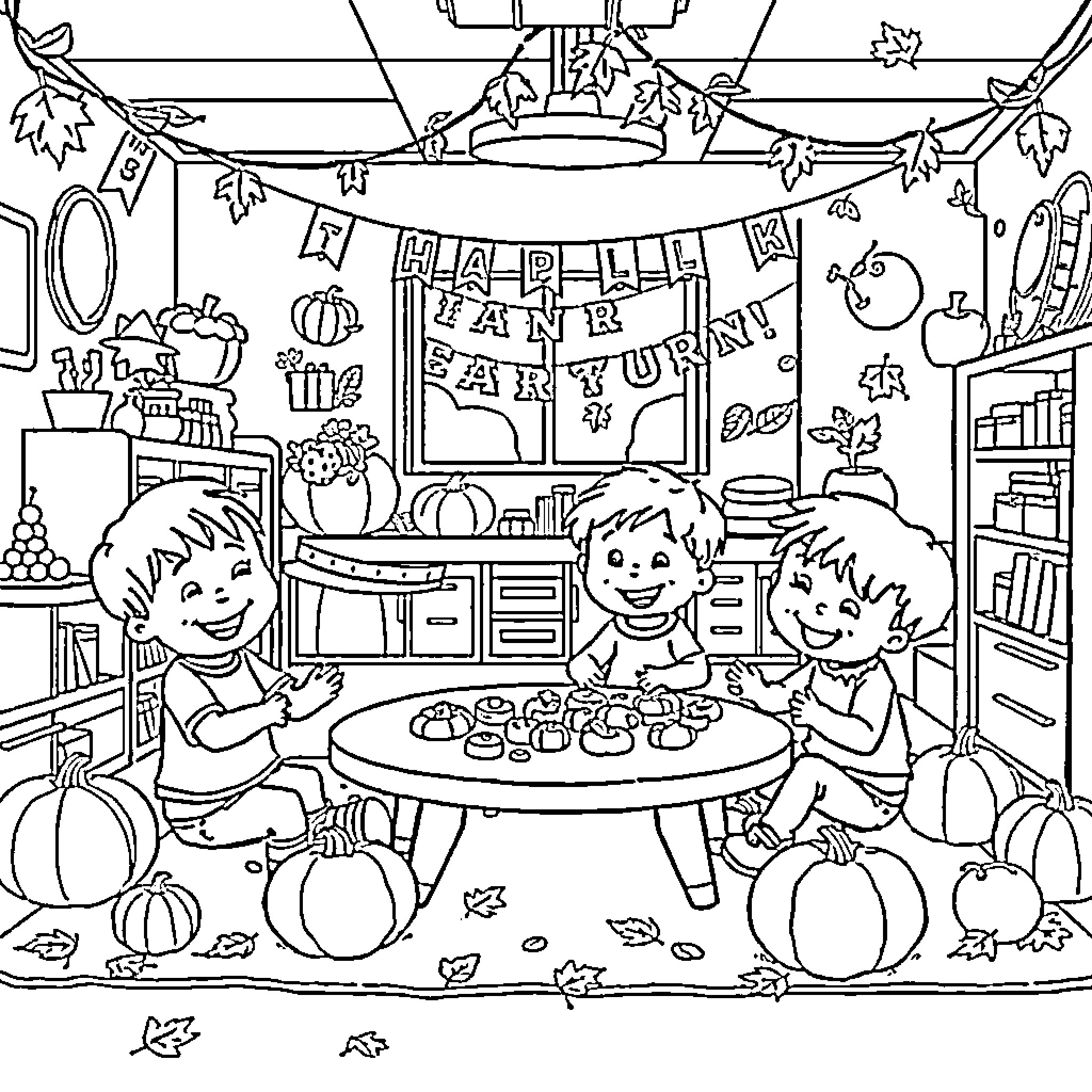 Fall fun family party with decorations Coloring Page (free black-and-white line drawing printable PDF for all, from beginners to advanced learners, including children, teens, adults, and seniors)