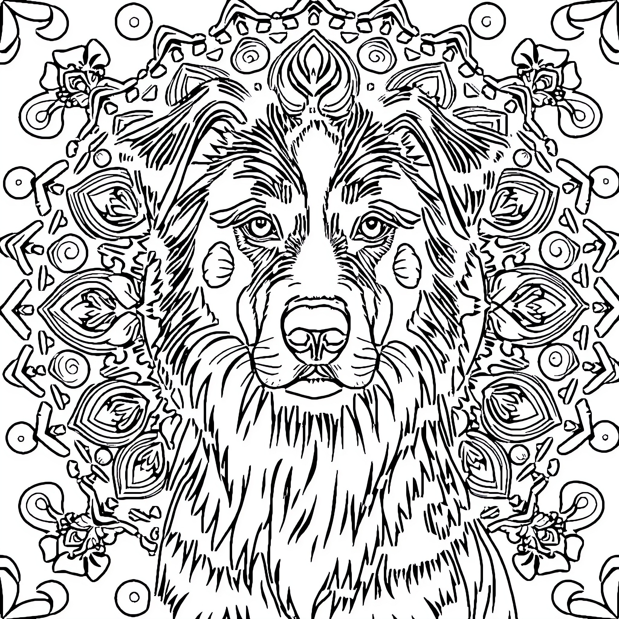 Australian Shepherd in a Decorative Mandala Coloring Page (free black-and-white line drawing printable PDF for all, from beginners to advanced learners, including children, teens, adults, and seniors)