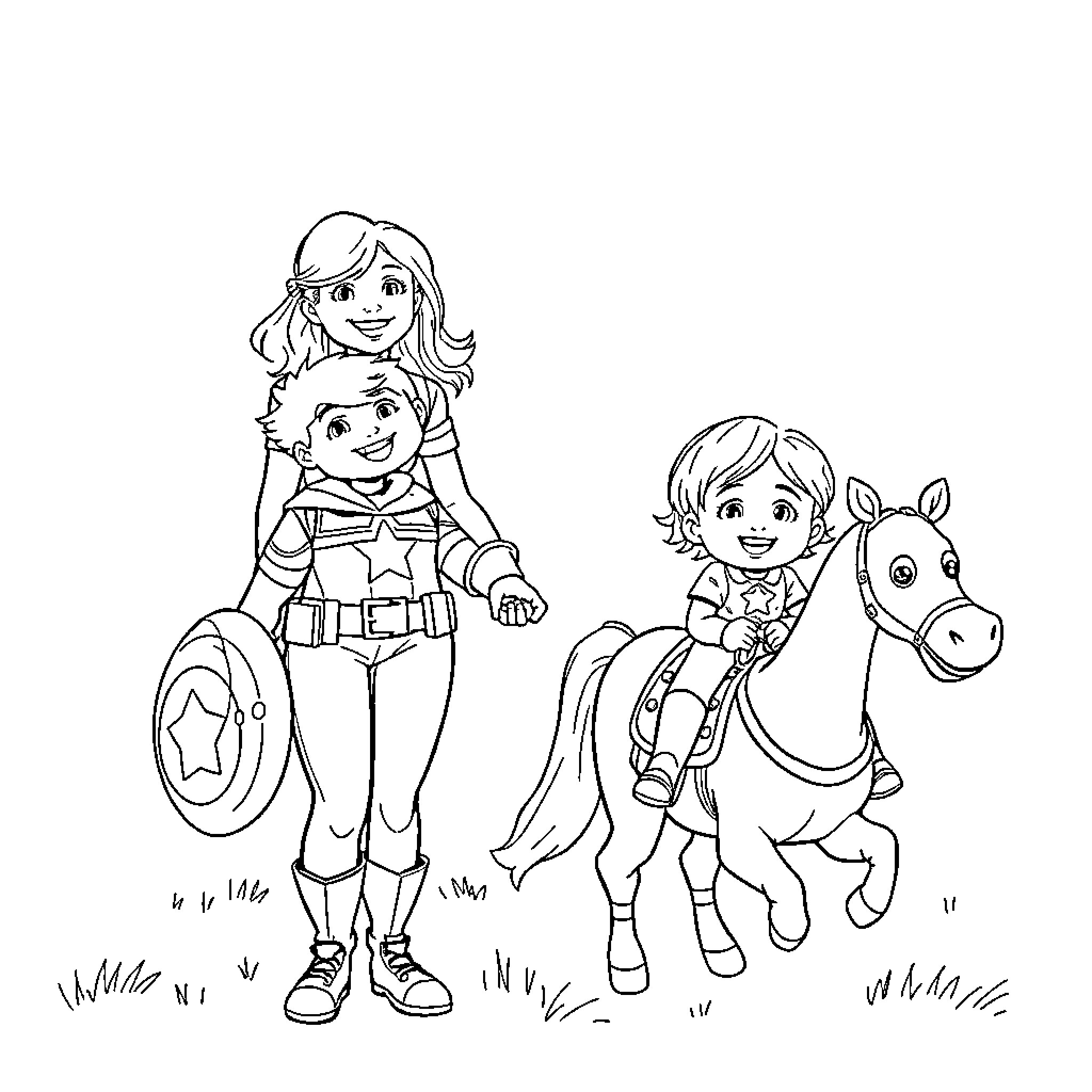 Mother and child playing outdoors with toy horse Coloring Page (free black-and-white line drawing printable PDF for all, from beginners to advanced learners, including children, teens, adults, and seniors)