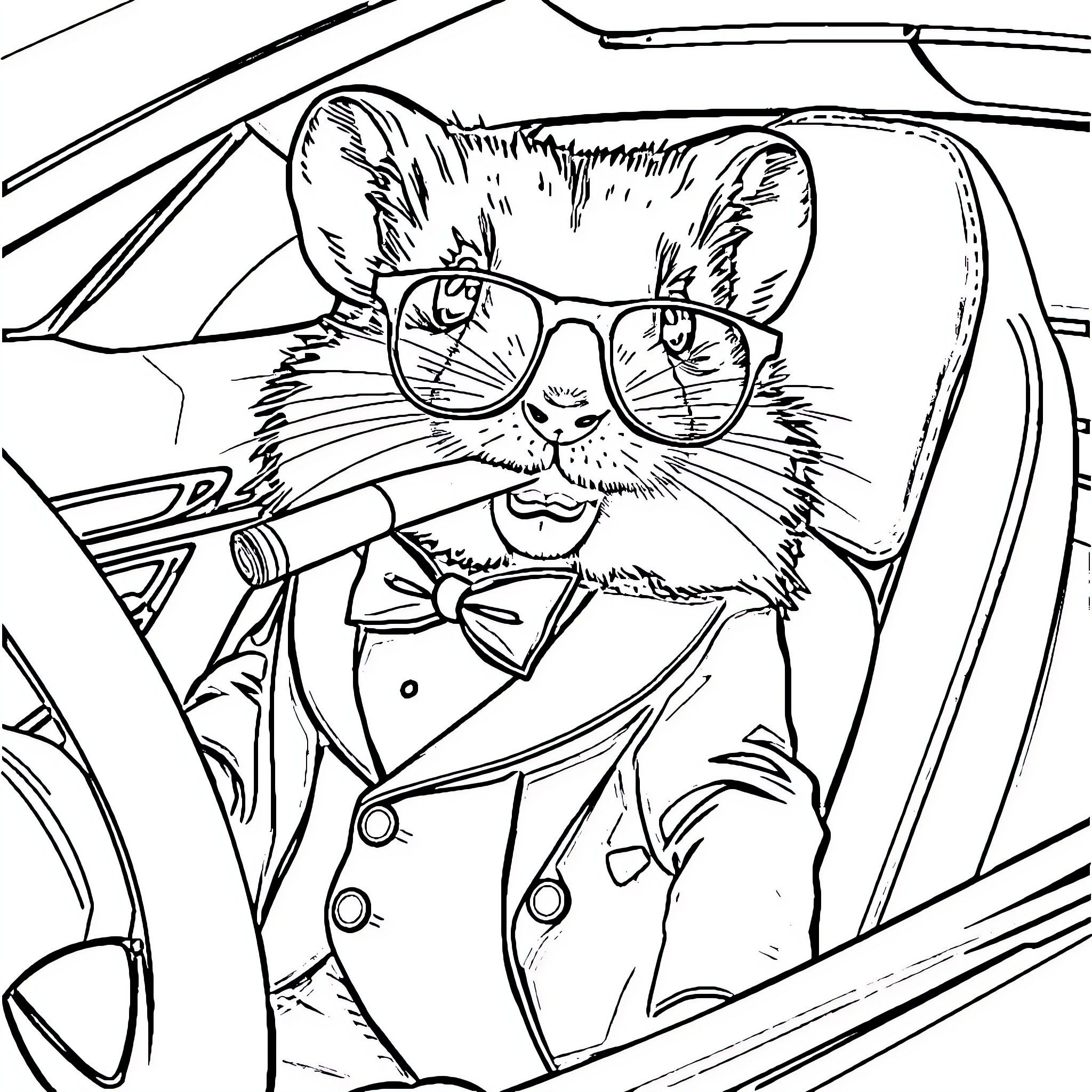 Hamster driving a car in a stylish outfit Coloring Page (free black-and-white line drawing printable PDF for all, from beginners to advanced learners, including children, teens, adults, and seniors)