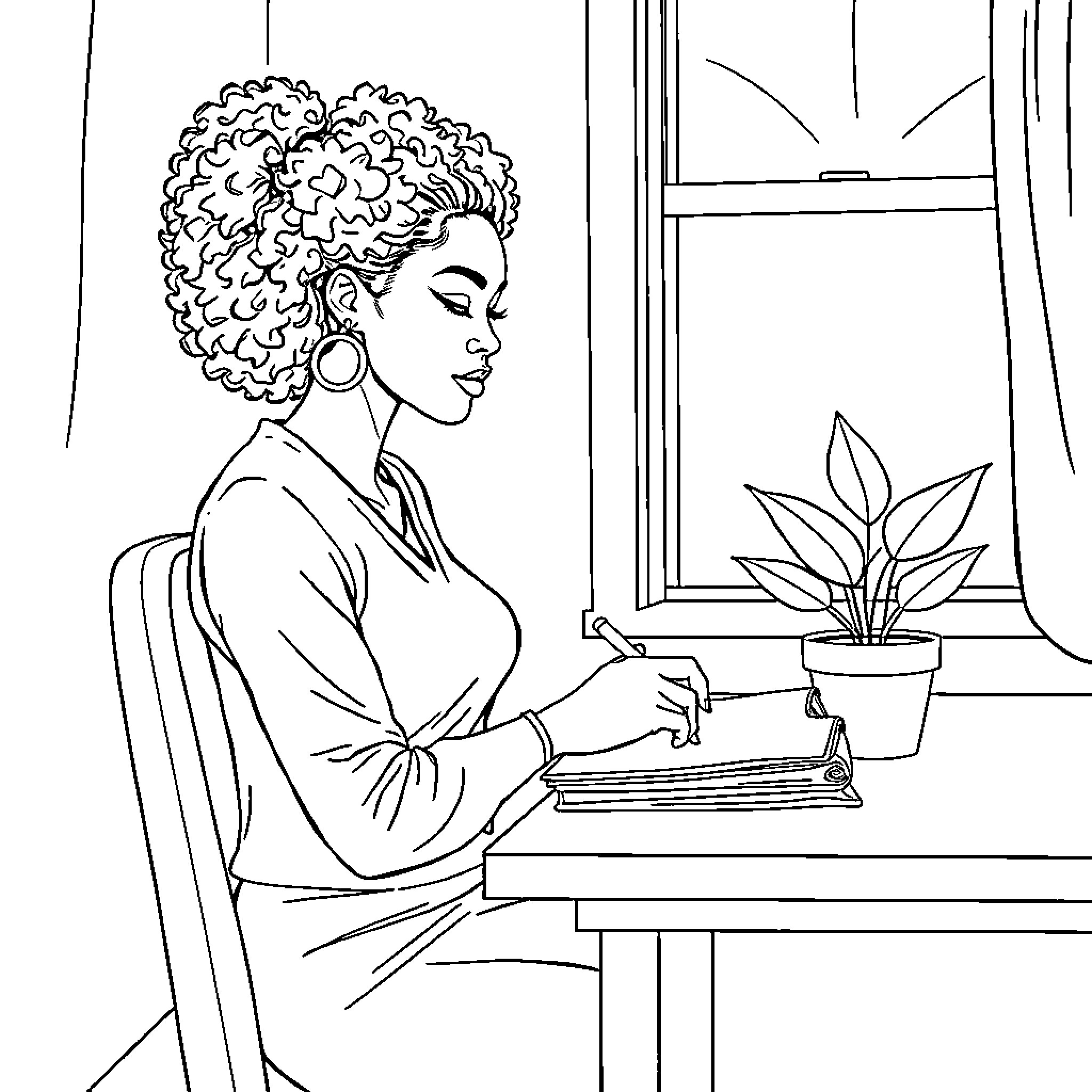 Woman reading a book by the window Coloring Page (free black-and-white line drawing printable PDF for all, from beginners to advanced learners, including children, teens, adults, and seniors)