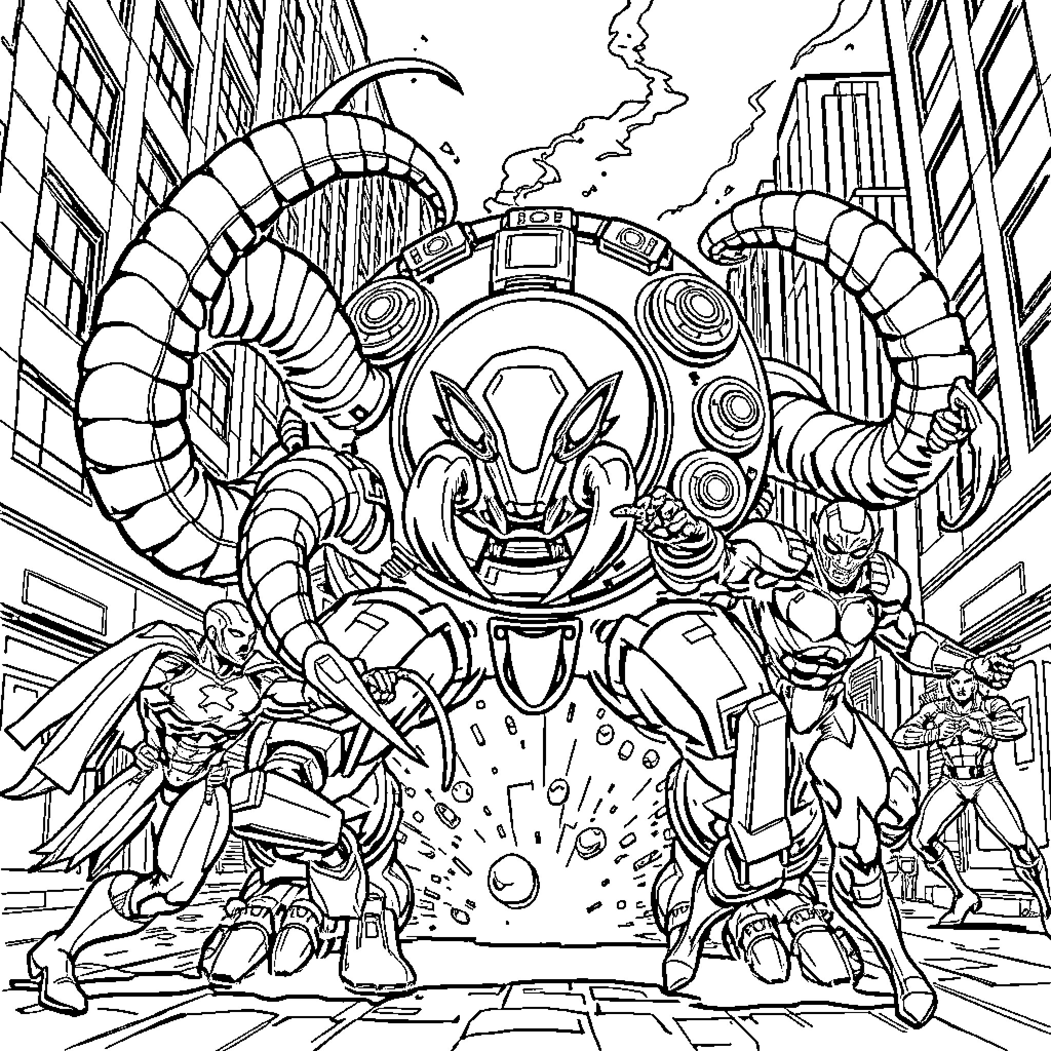 Robot heroes battle giant mechanical foe in city Coloring Page (free black-and-white line drawing printable PDF for all, from beginners to advanced learners, including children, teens, adults, and seniors)