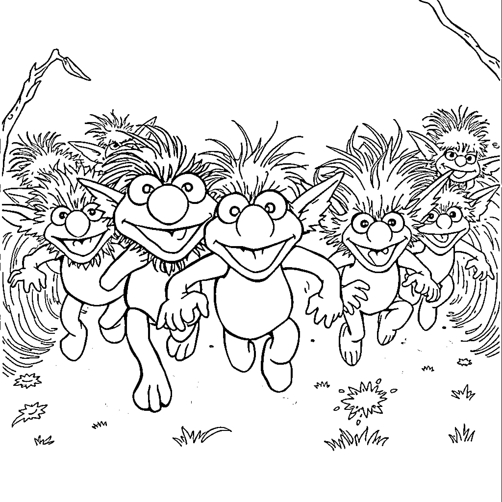 Muppet characters frolicking in the outdoors Coloring Page (free black-and-white line drawing printable PDF for all, from beginners to advanced learners, including children, teens, adults, and seniors)