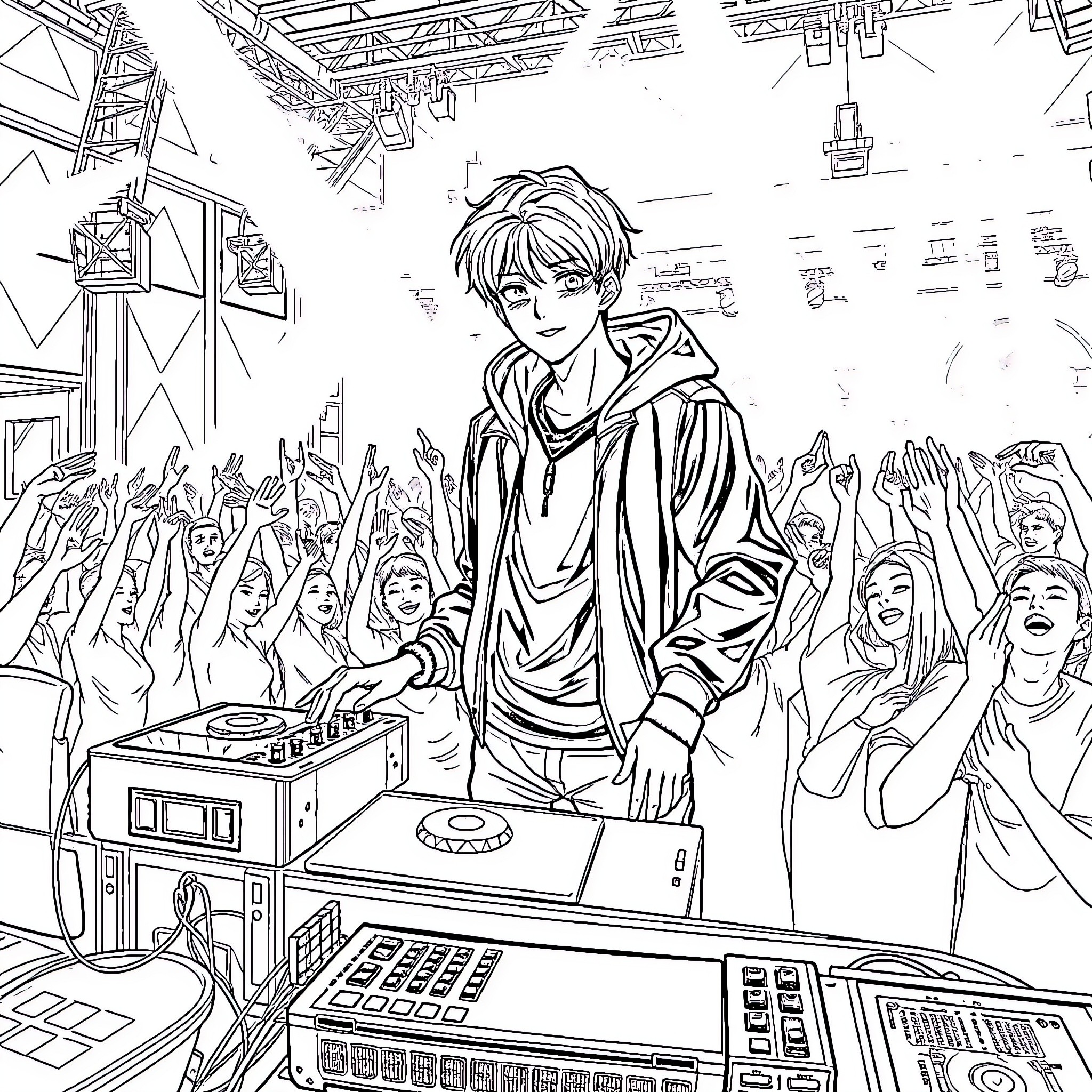 Jin Woo Sung performing on stage with audience Coloring Page (free black-and-white line drawing printable PDF for all, from beginners to advanced learners, including children, teens, adults, and seniors)