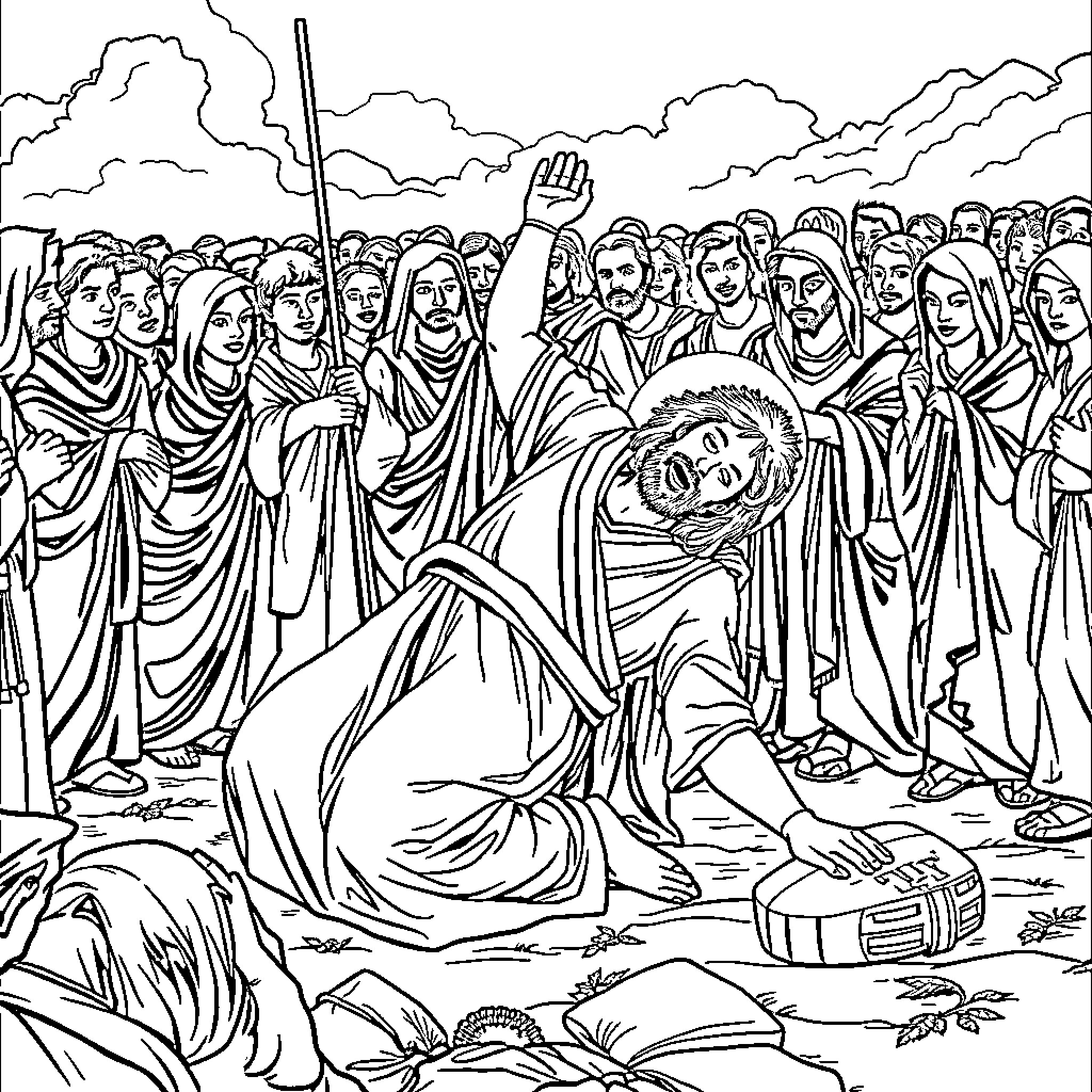 Christ Preaching to a Crowd in the Wilderness Coloring Page (free black-and-white line drawing printable PDF for all, from beginners to advanced learners, including children, teens, adults, and seniors)
