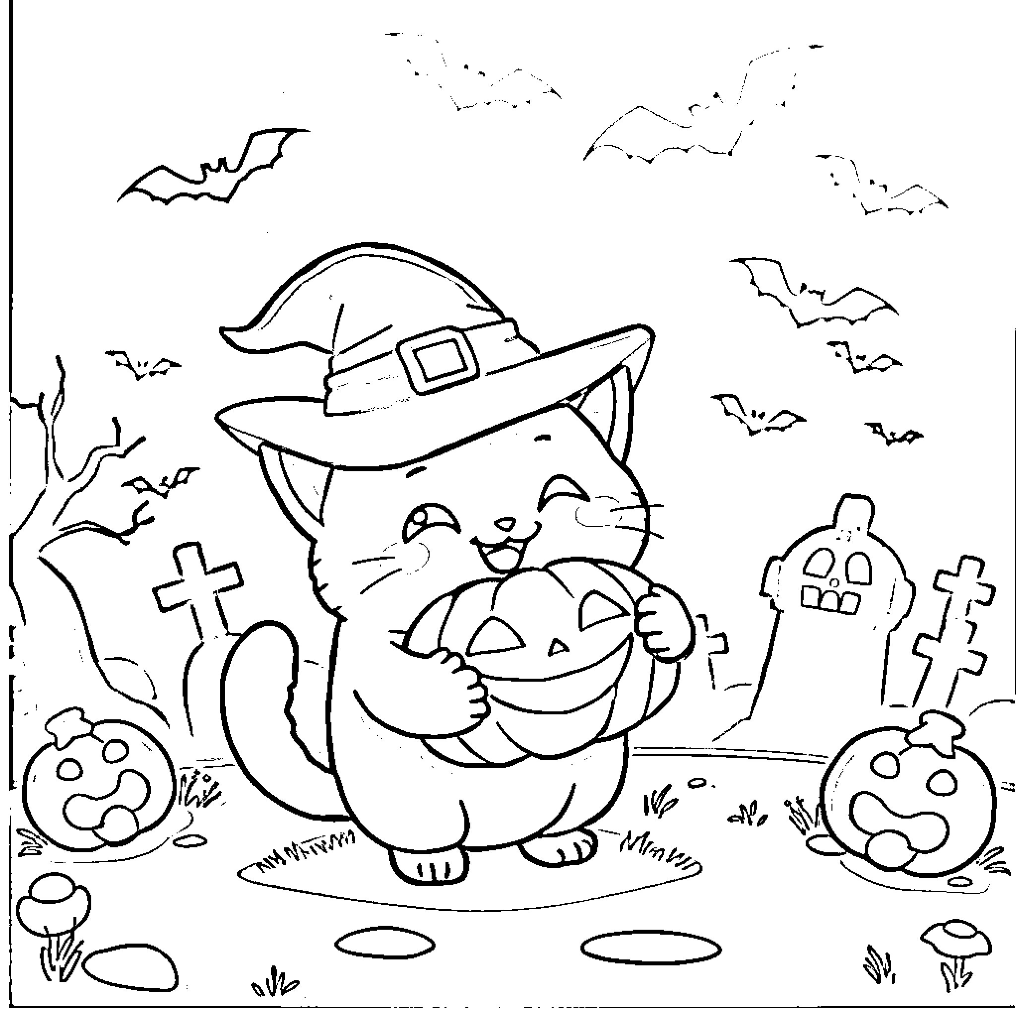Cat in Halloween costume with pumpkins Coloring Page (free black-and-white line drawing printable PDF for all, from beginners to advanced learners, including children, teens, adults, and seniors)