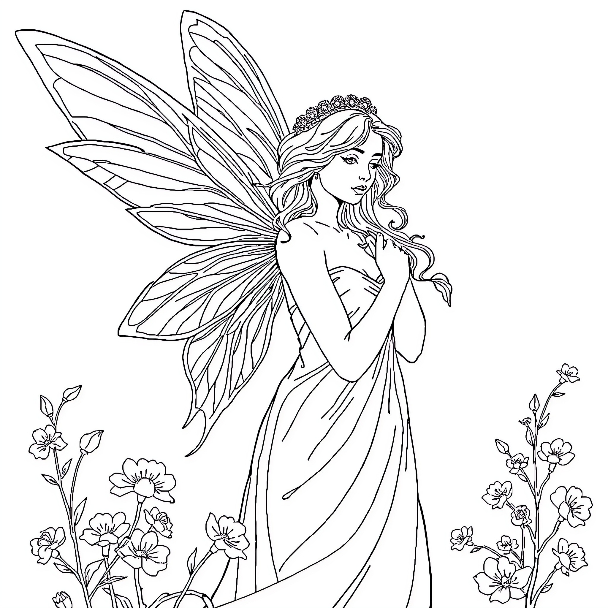 Fairy with flowing dress and floral elements Coloring Page (free black-and-white line drawing printable PDF for all, from beginners to advanced learners, including children, teens, adults, and seniors)