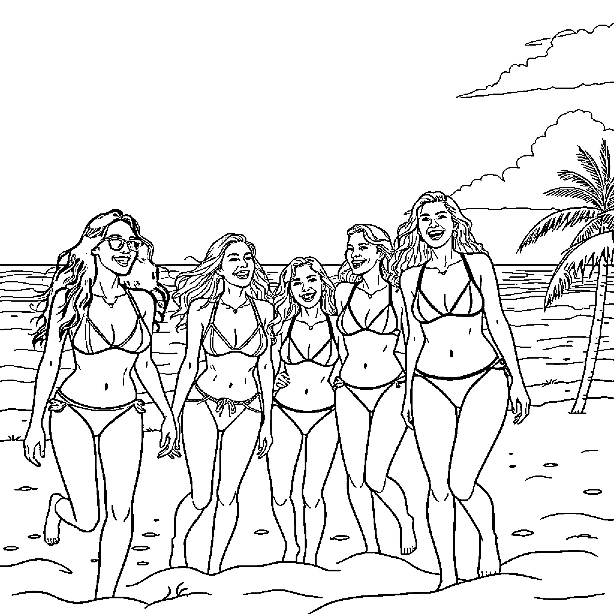 Teen friends enjoying a day at the beach Coloring Page (free black-and-white line drawing printable PDF for all, from beginners to advanced learners, including children, teens, adults, and seniors)