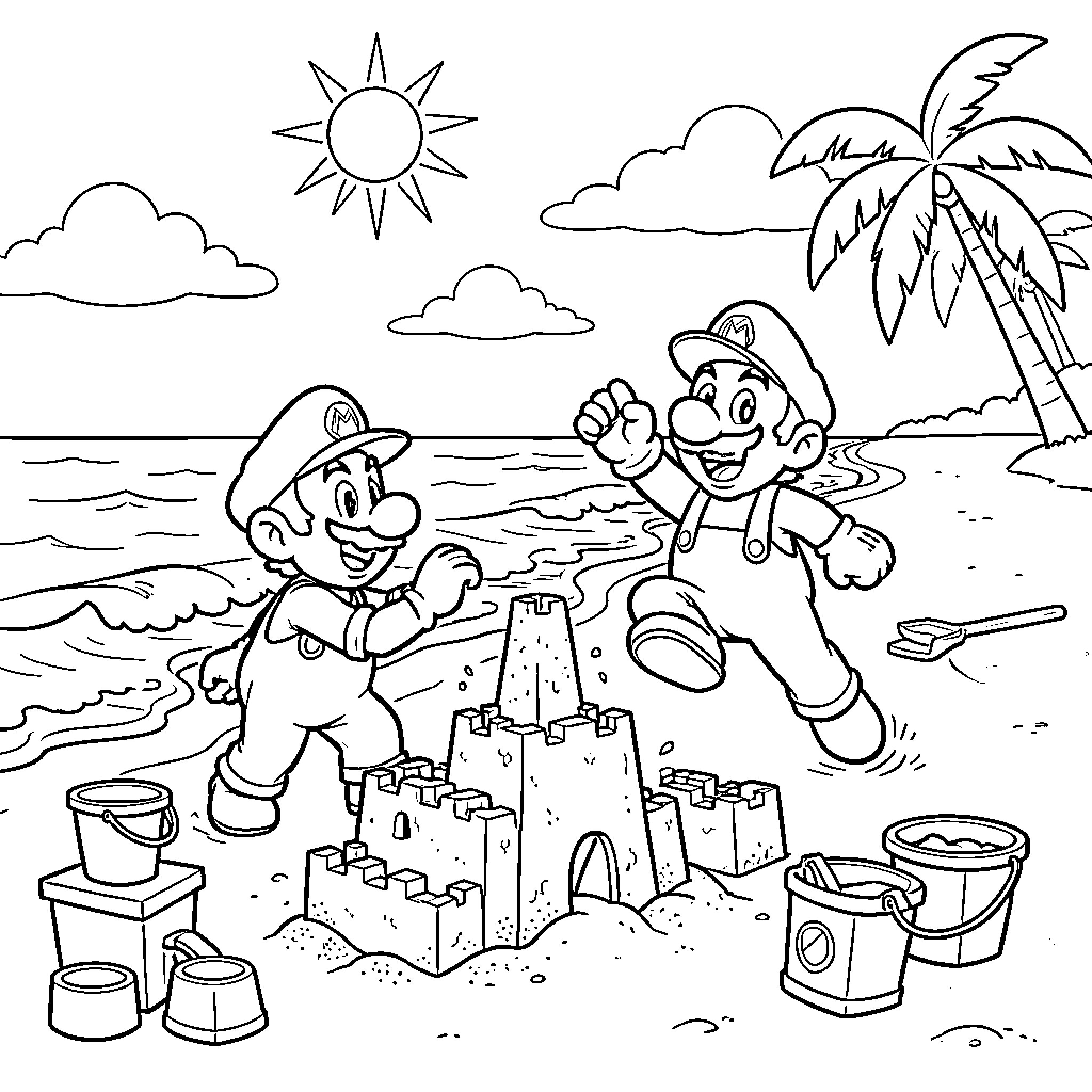 Mario and Luigi building a sandcastle on the beach Coloring Page (free black-and-white line drawing printable PDF for all, from beginners to advanced learners, including children, teens, adults, and seniors)