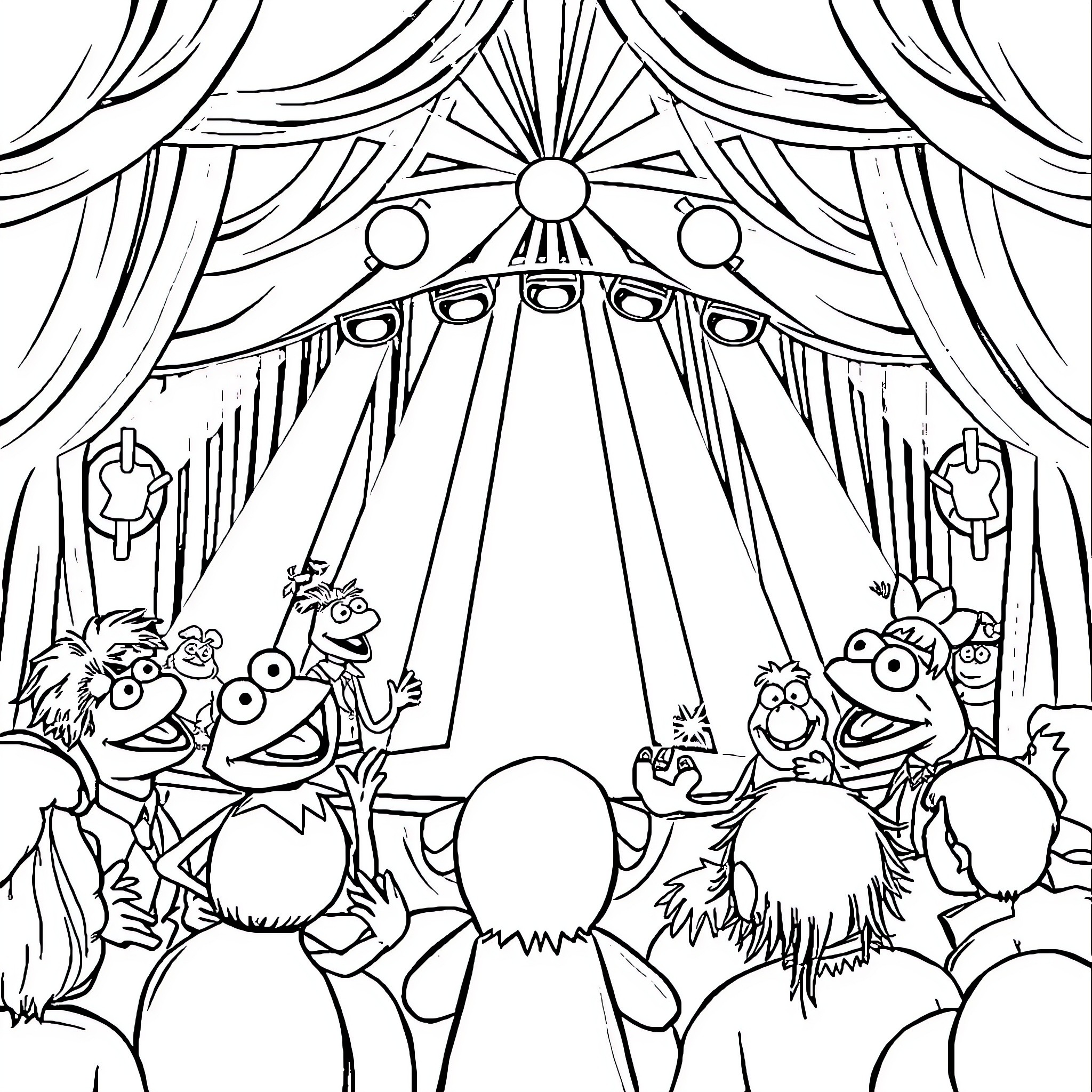 Muppets performing at a grand theatrical stage Coloring Page (free black-and-white line drawing printable PDF for all, from beginners to advanced learners, including children, teens, adults, and seniors)