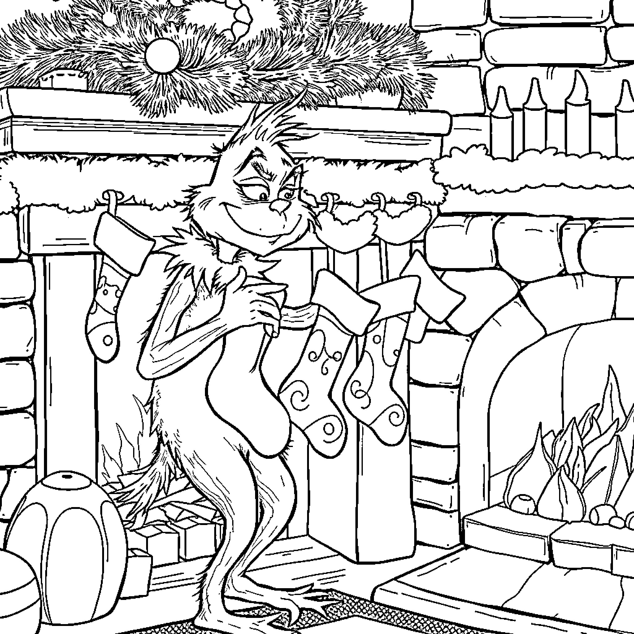 Grinch enjoying a cozy Christmas scene Coloring Page (free black-and-white line drawing printable PDF for all, from beginners to advanced learners, including children, teens, adults, and seniors)