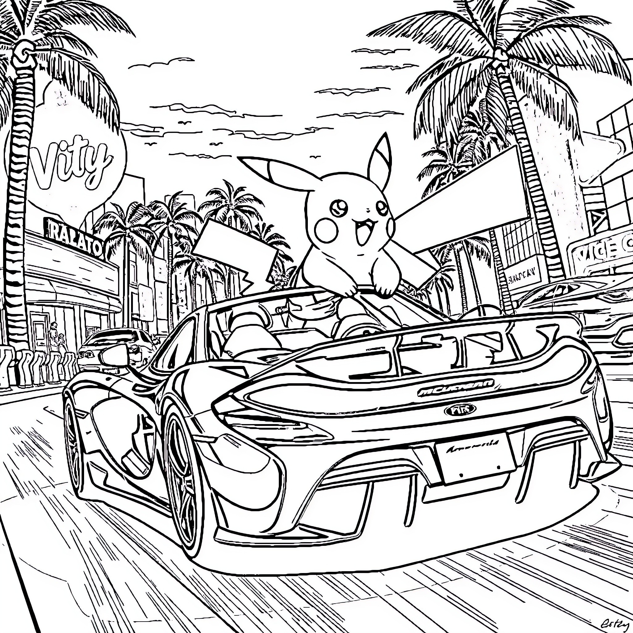 Pikachu's Tropical Racing Adventure Coloring Page (free black-and-white line drawing printable PDF for all, from beginners to advanced learners, including children, teens, adults, and seniors)