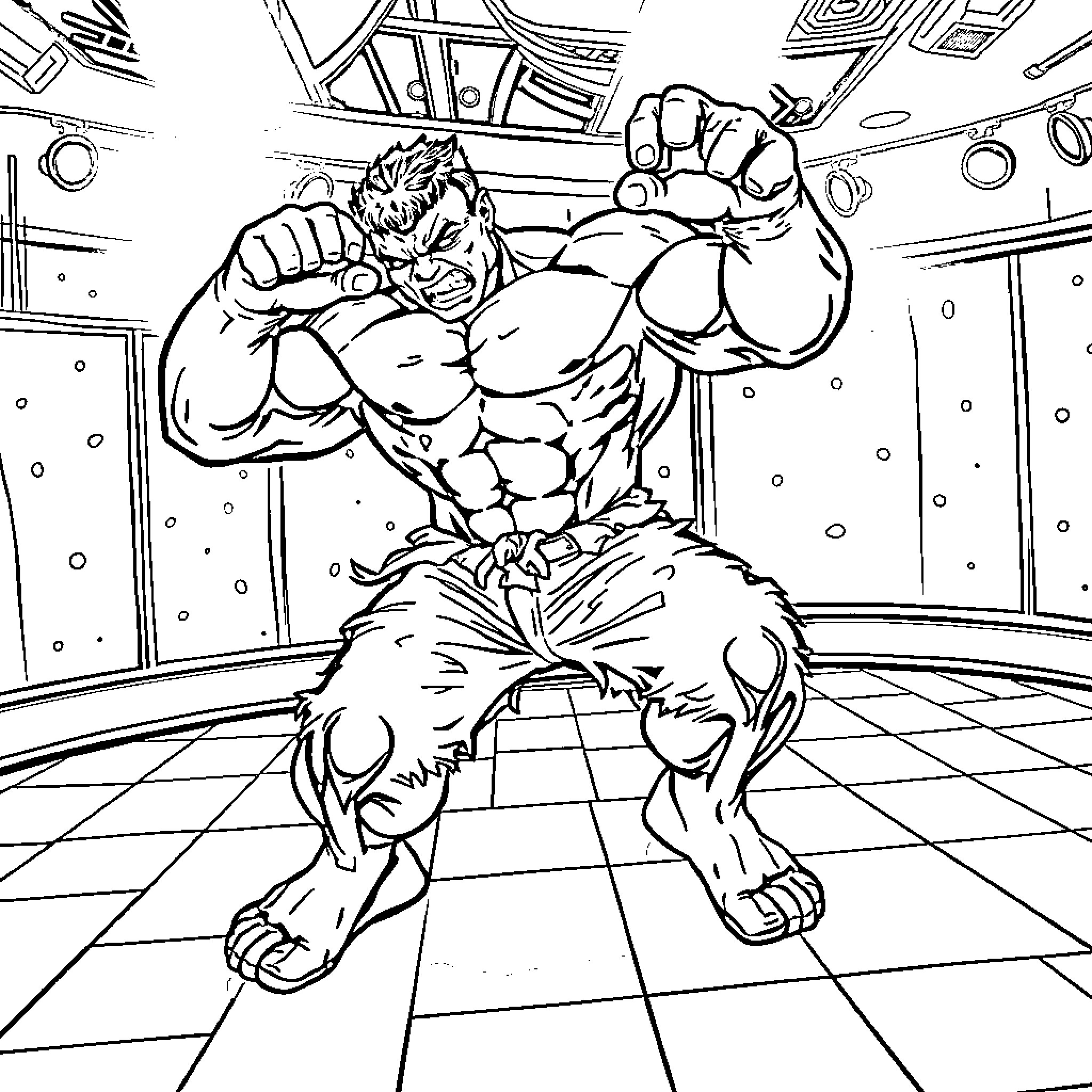 Hulk's Heroic Stance in Intense Combat Coloring Page (free black-and-white line drawing printable PDF for all, from beginners to advanced learners, including children, teens, adults, and seniors)