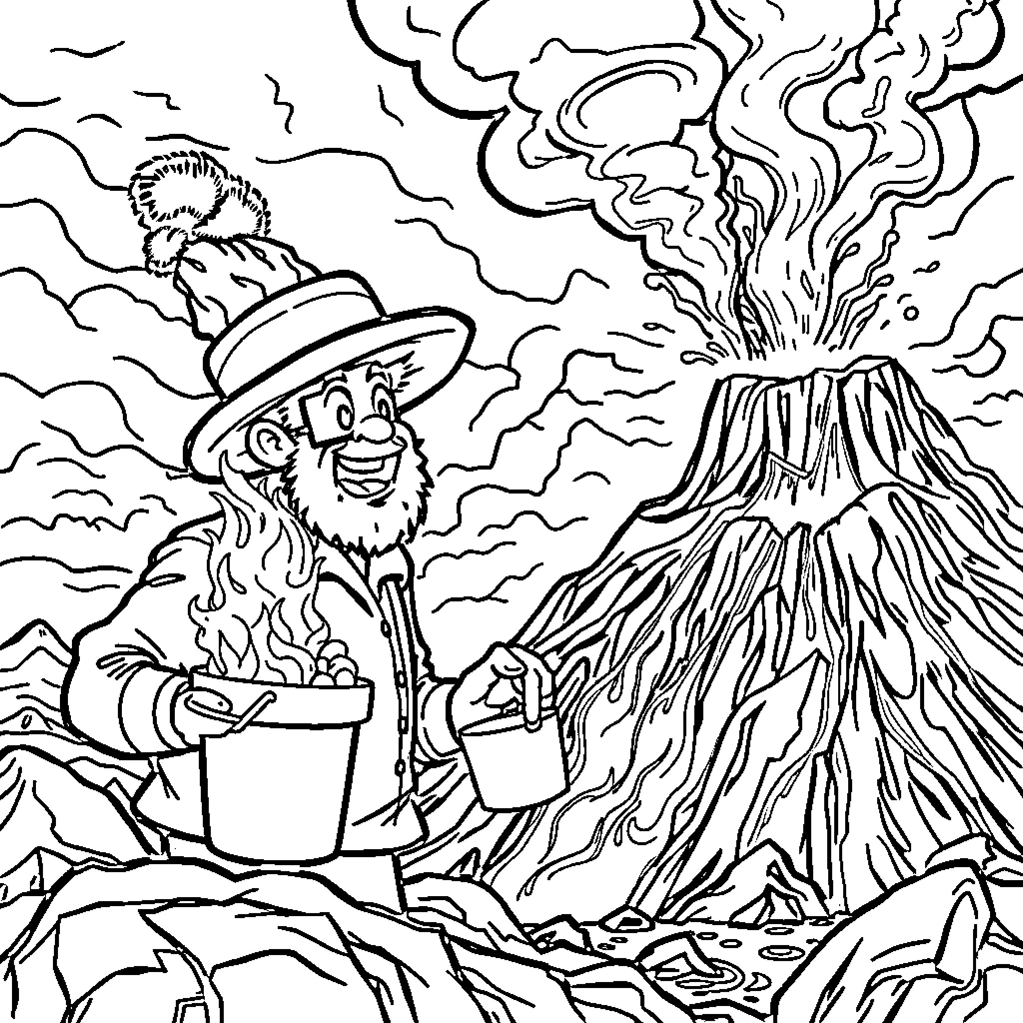 Billy Mays Rages Against the Volcano's Fury Coloring Page (free black-and-white line drawing printable PDF for all, from beginners to advanced learners, including children, teens, adults, and seniors)