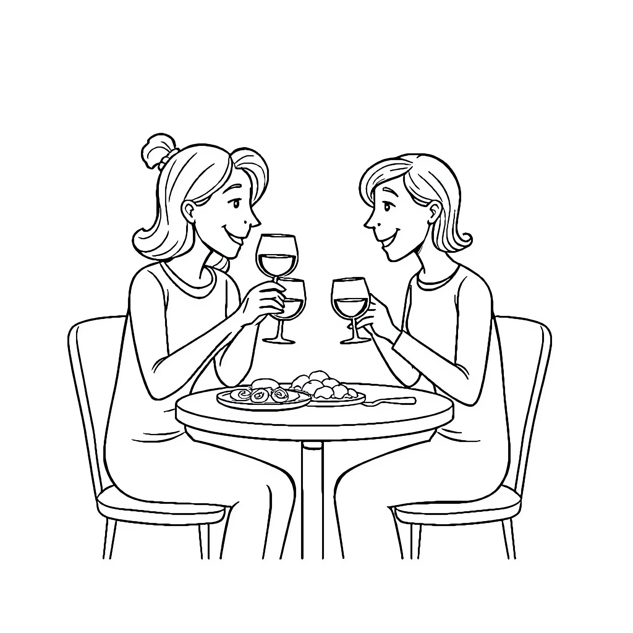 Table of friends sharing drinks and snacks Coloring Page (free black-and-white line drawing printable PDF for all, from beginners to advanced learners, including children, teens, adults, and seniors)